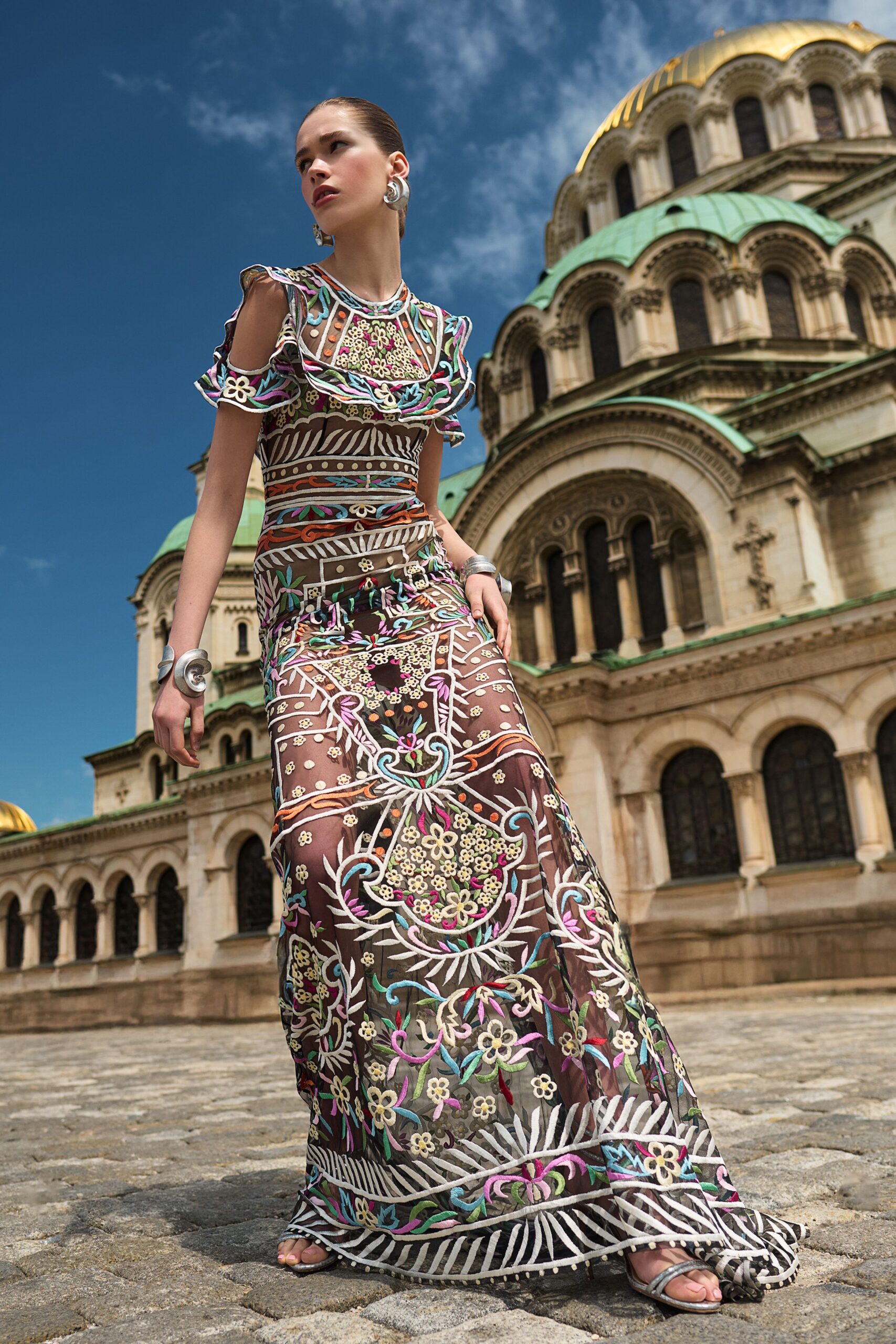 multi-colored sheer embroidered gown