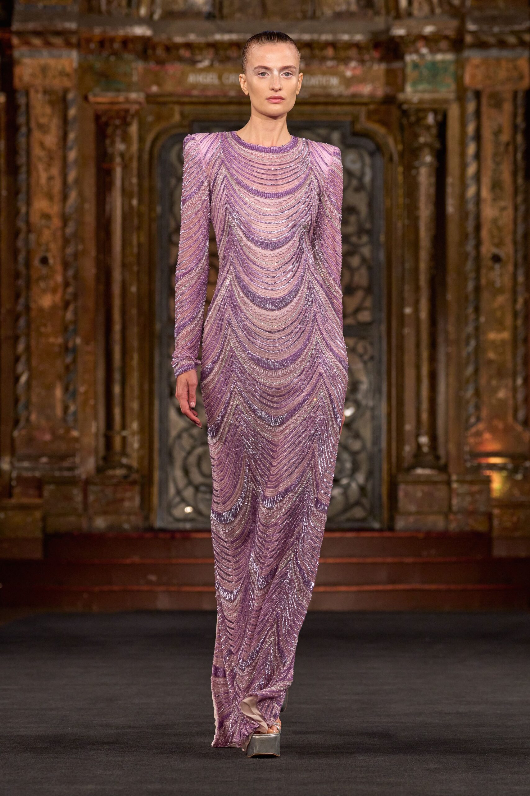 purple silk long-sleeve v-neck fitted sequined draped gown