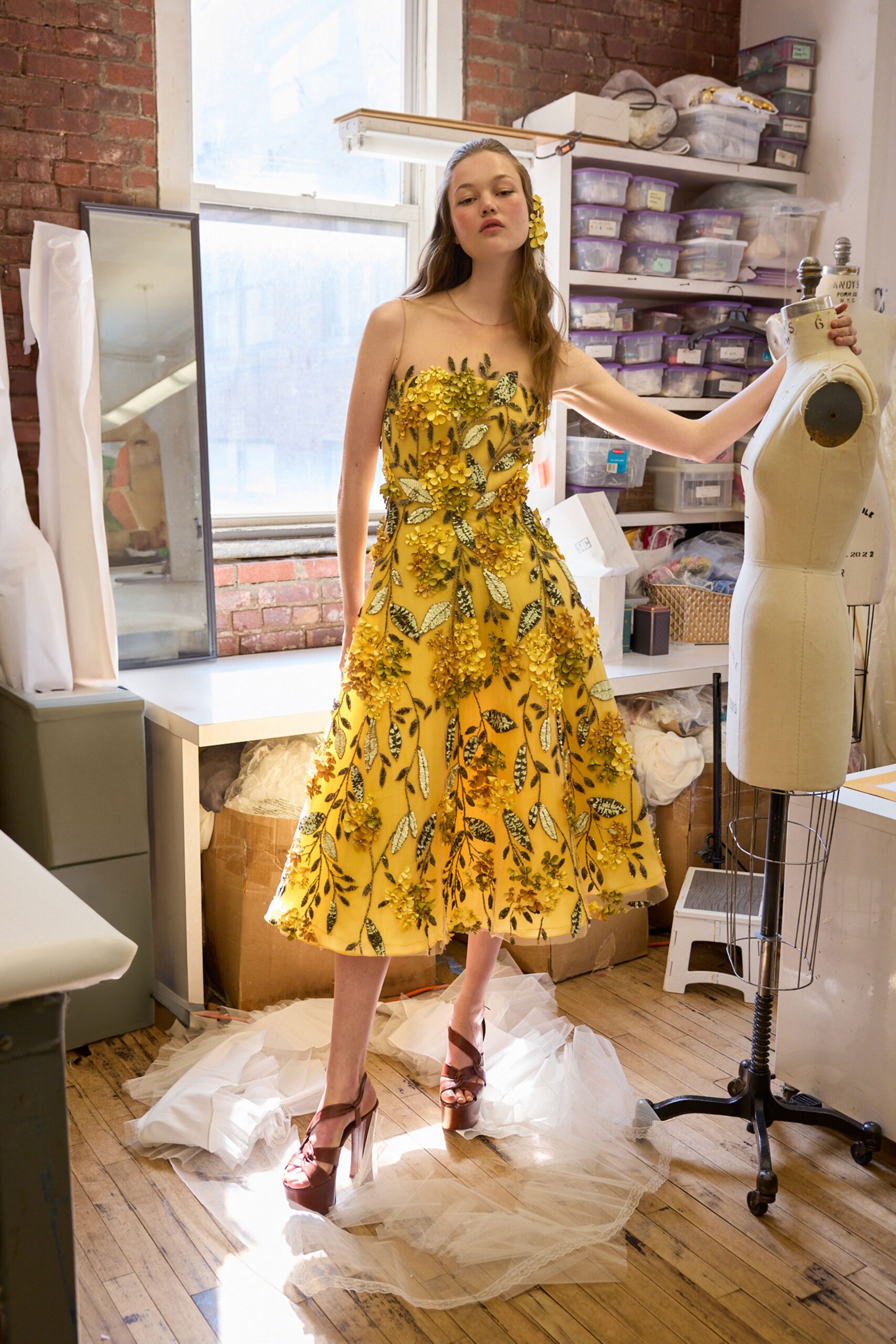 yellow cotton strapless fitted embroidered flared midi dress