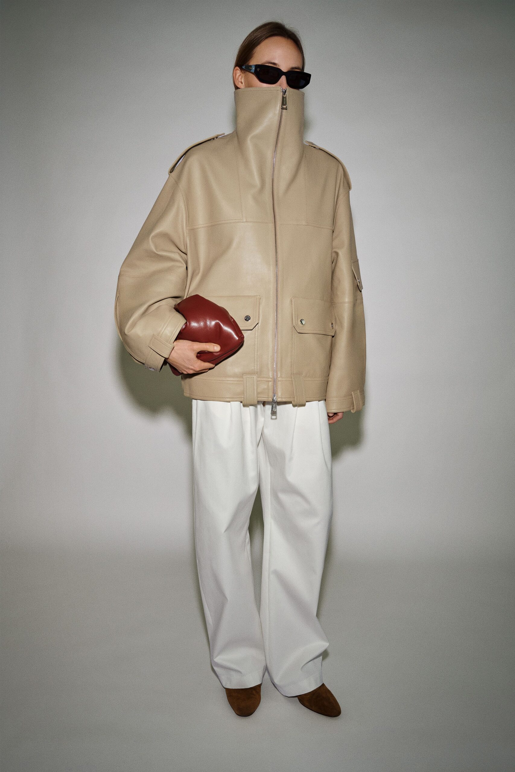 beige leather oversized jacket