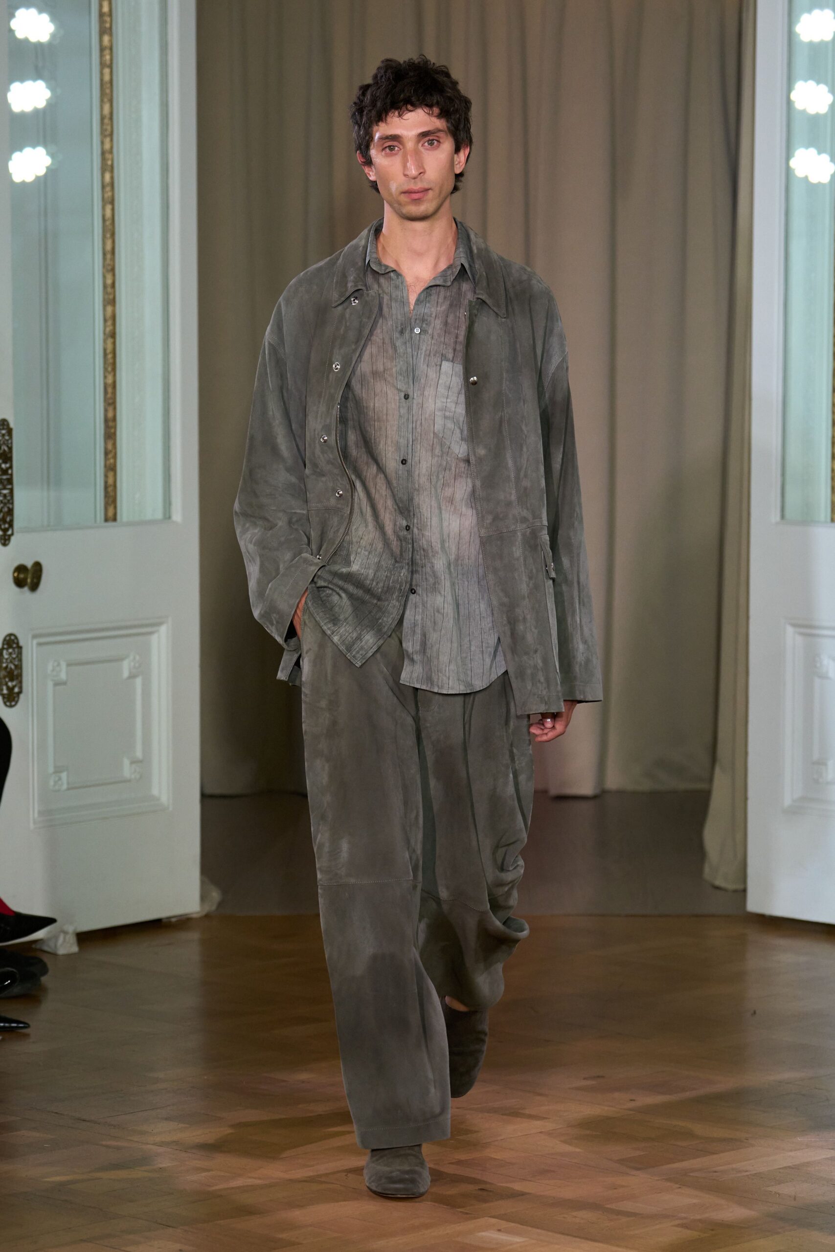 gray suede long-sleeve collared relaxed jacket