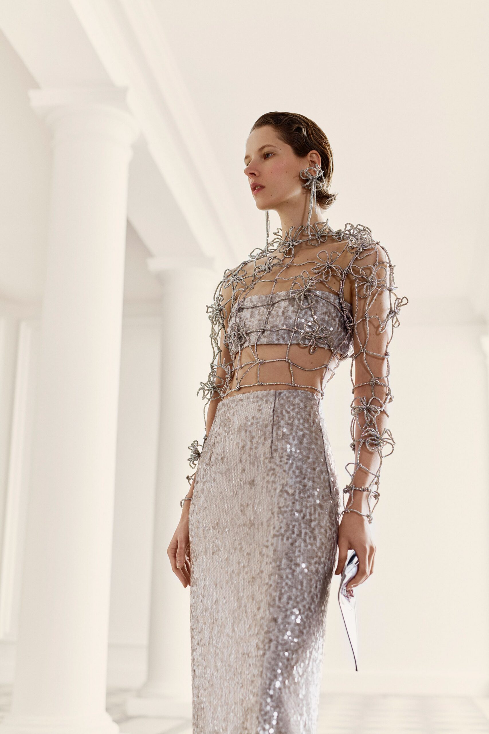 silver sequin long-sleeve gown