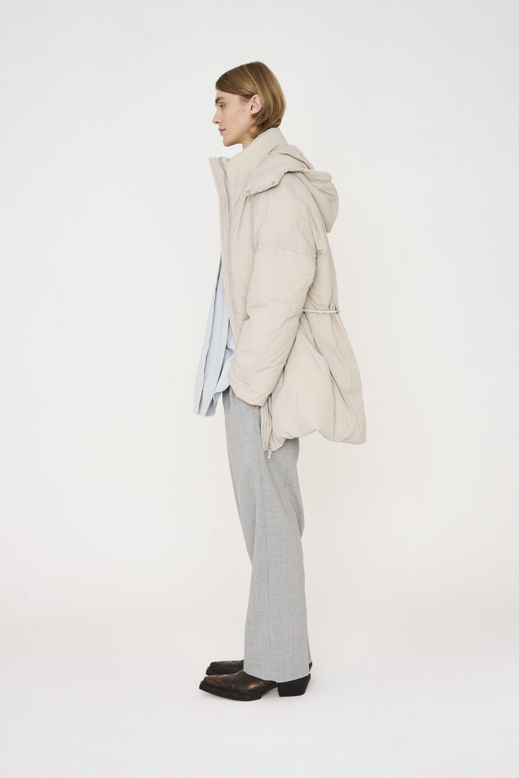 beige relaxed jacket with gray pants