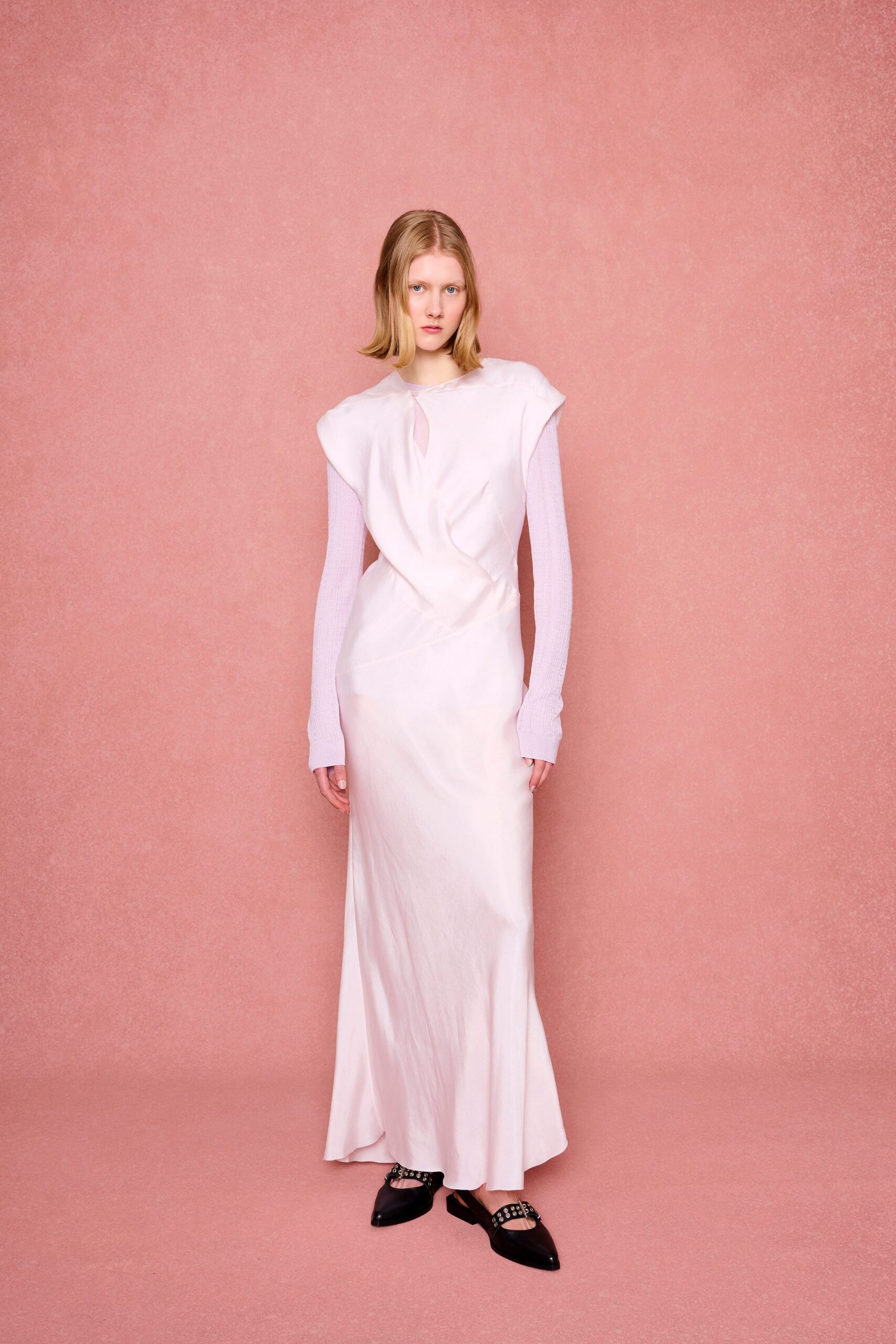 pink silk gown with white top
