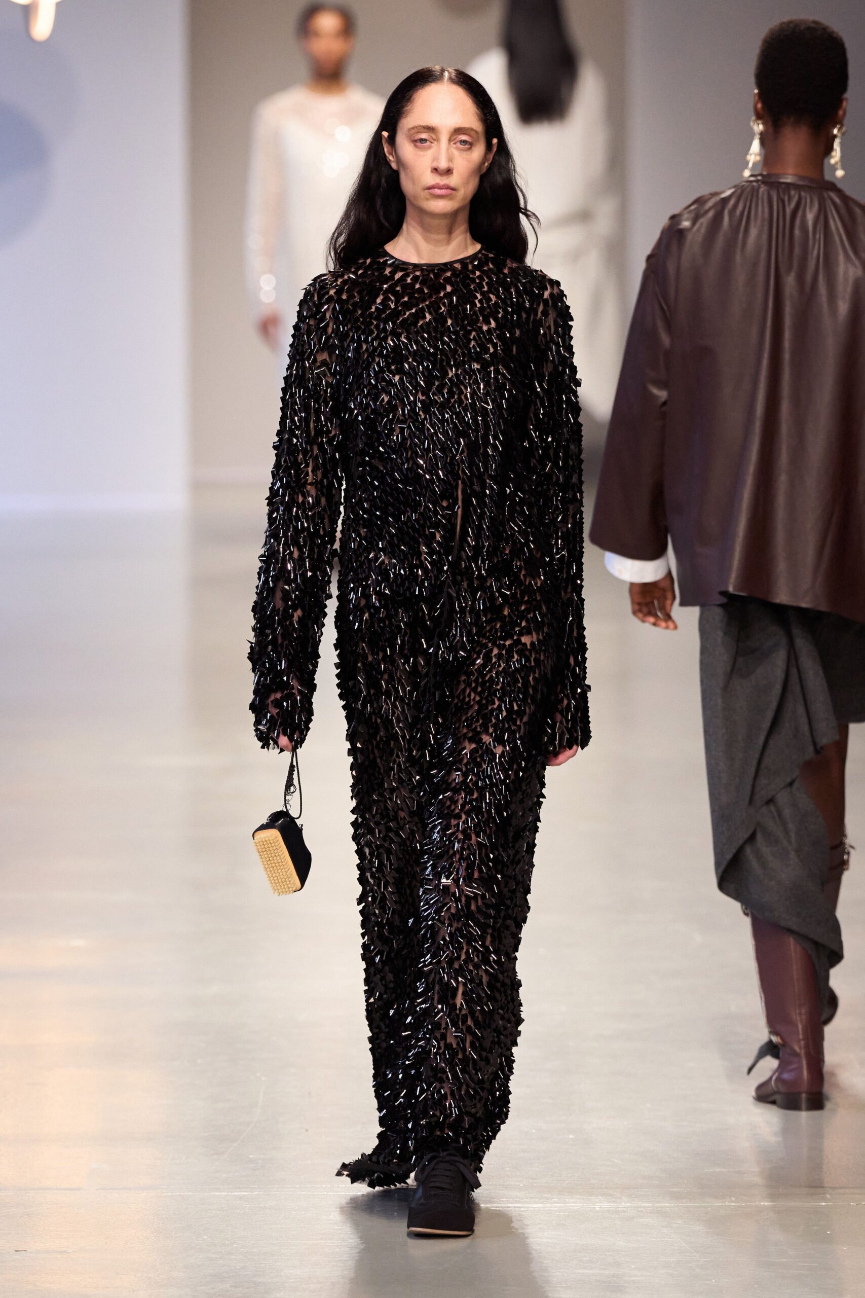 black silk long-sleeve fitted sequined shiny jumpsuit