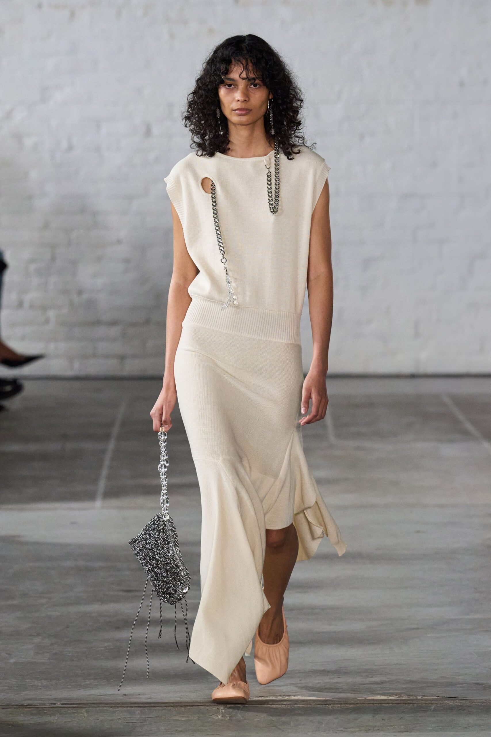 beige cotton sleeveless high-neck fitted draped midi dress