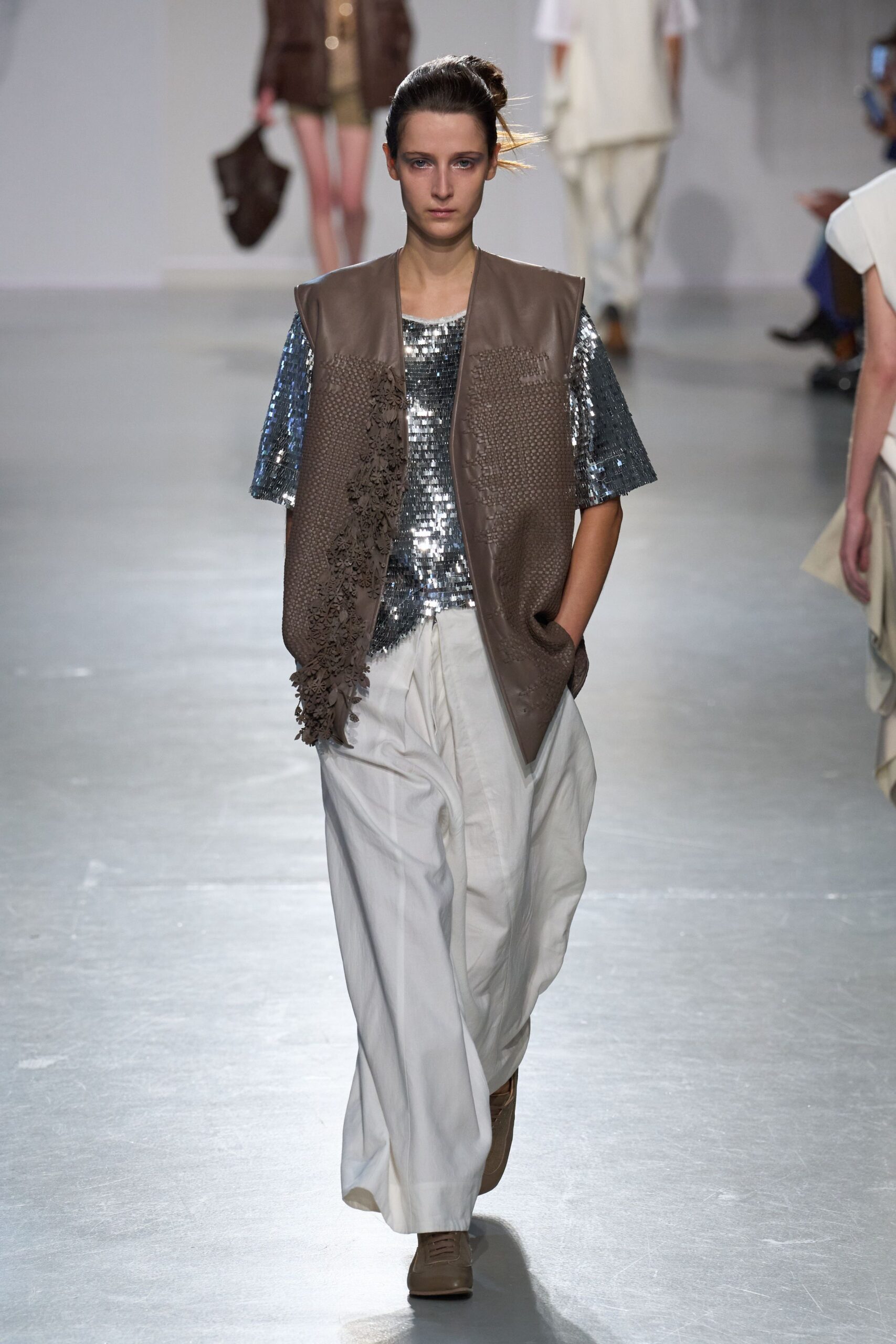 brown leather relaxed embroidered vest