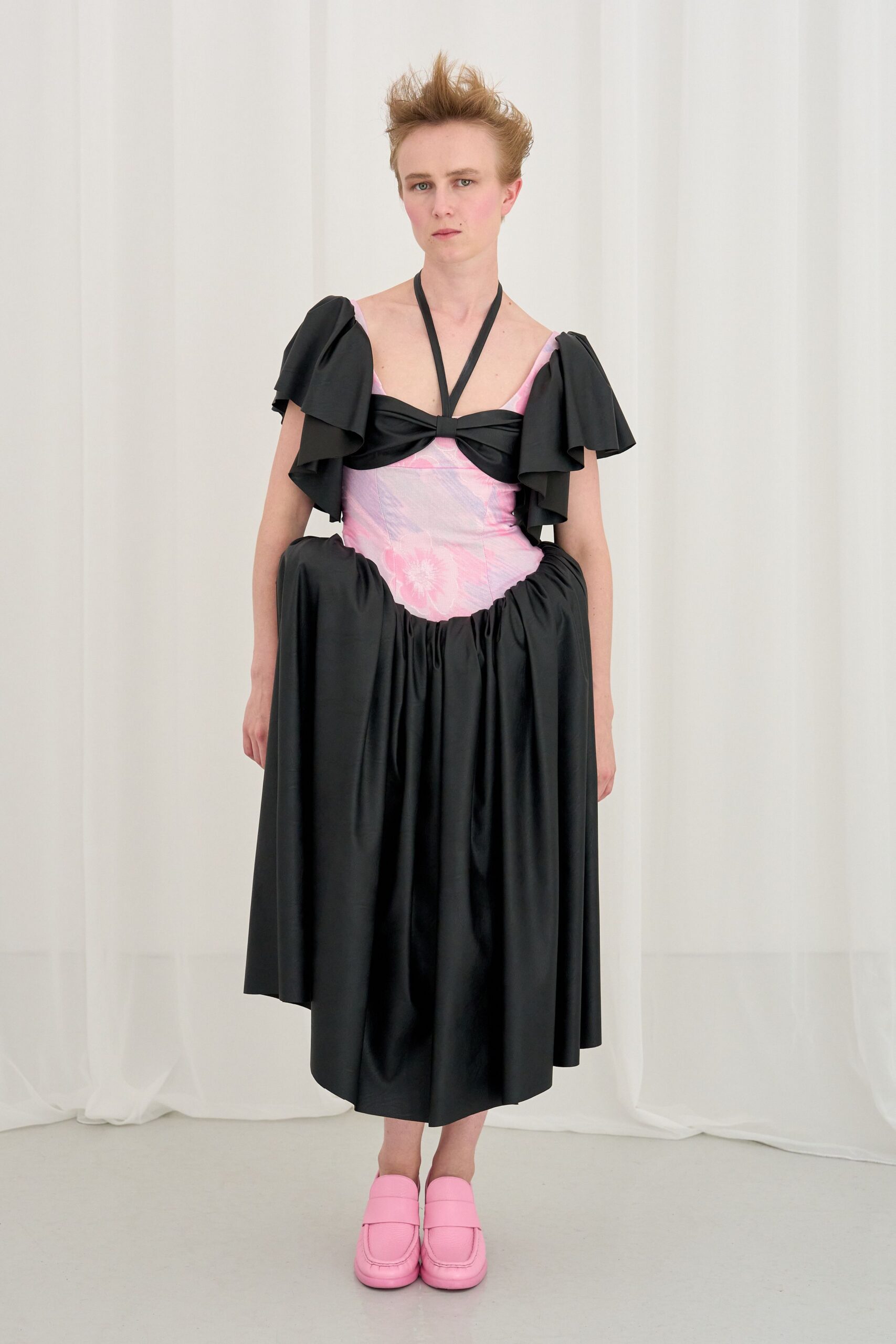 black and pink ruffled midi dress with chunky shoes
