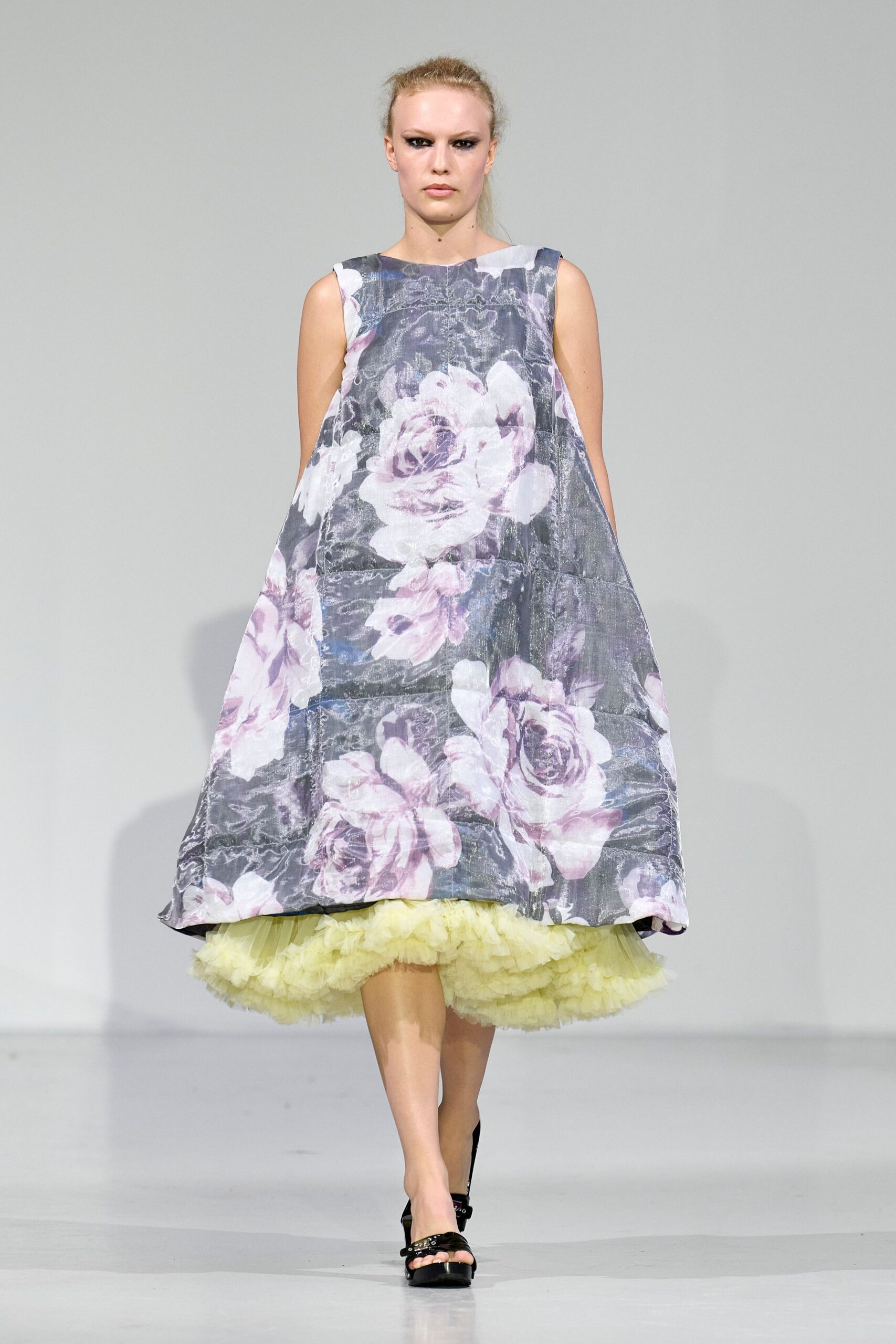 floral midi dress with black shoes