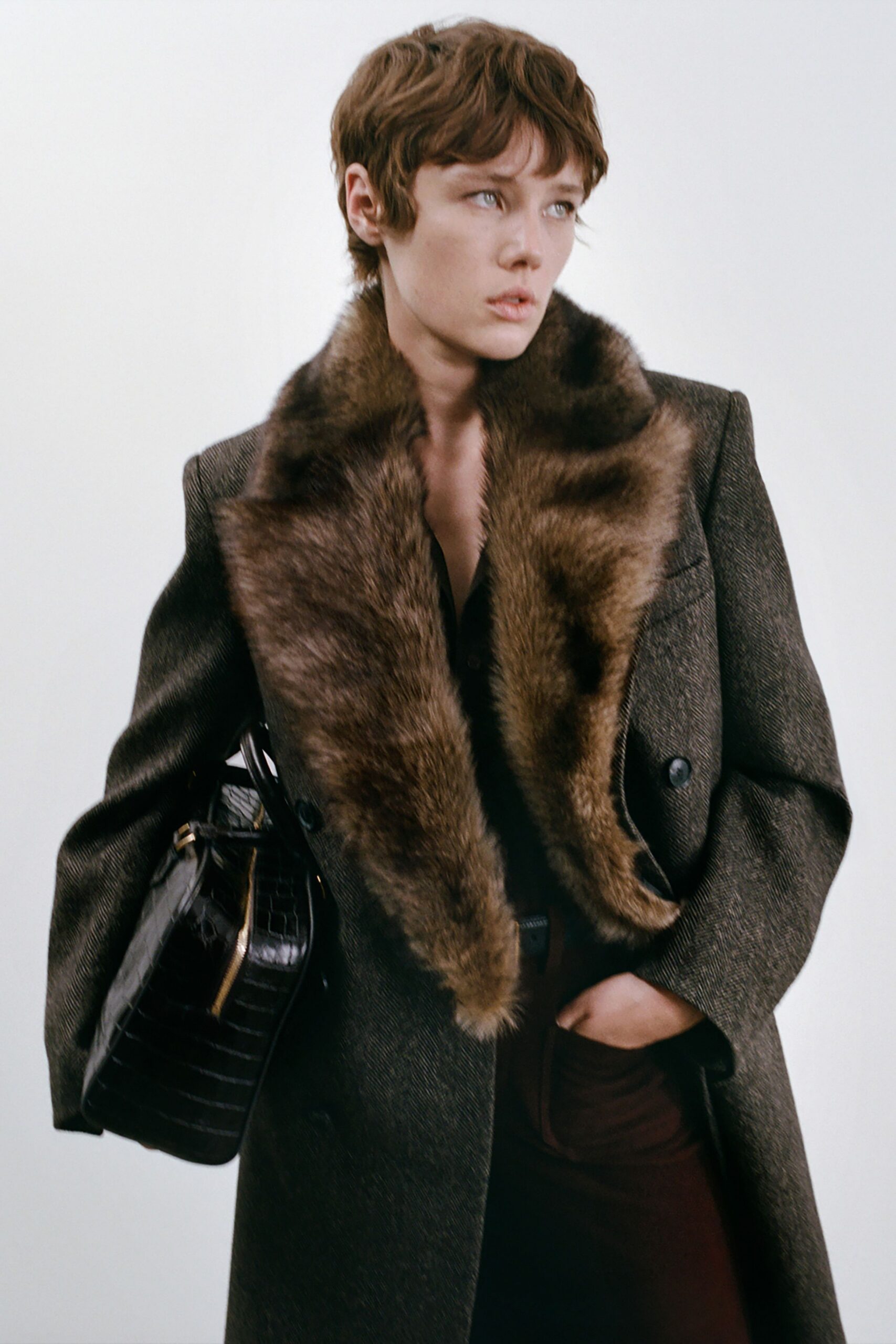 brown wool long-sleeve collared structured buttoned coat