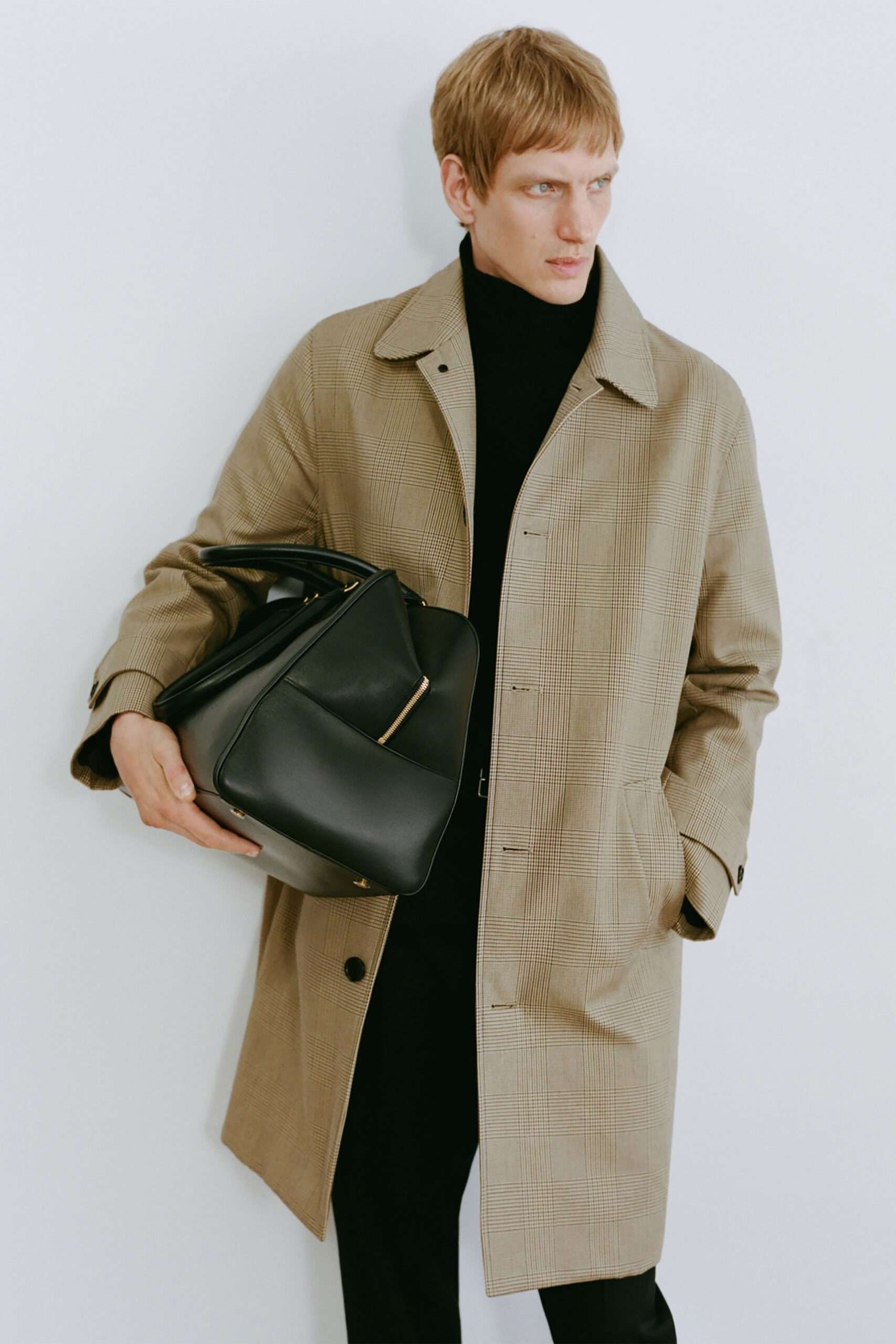 beige cotton long-sleeve collared relaxed checked coat