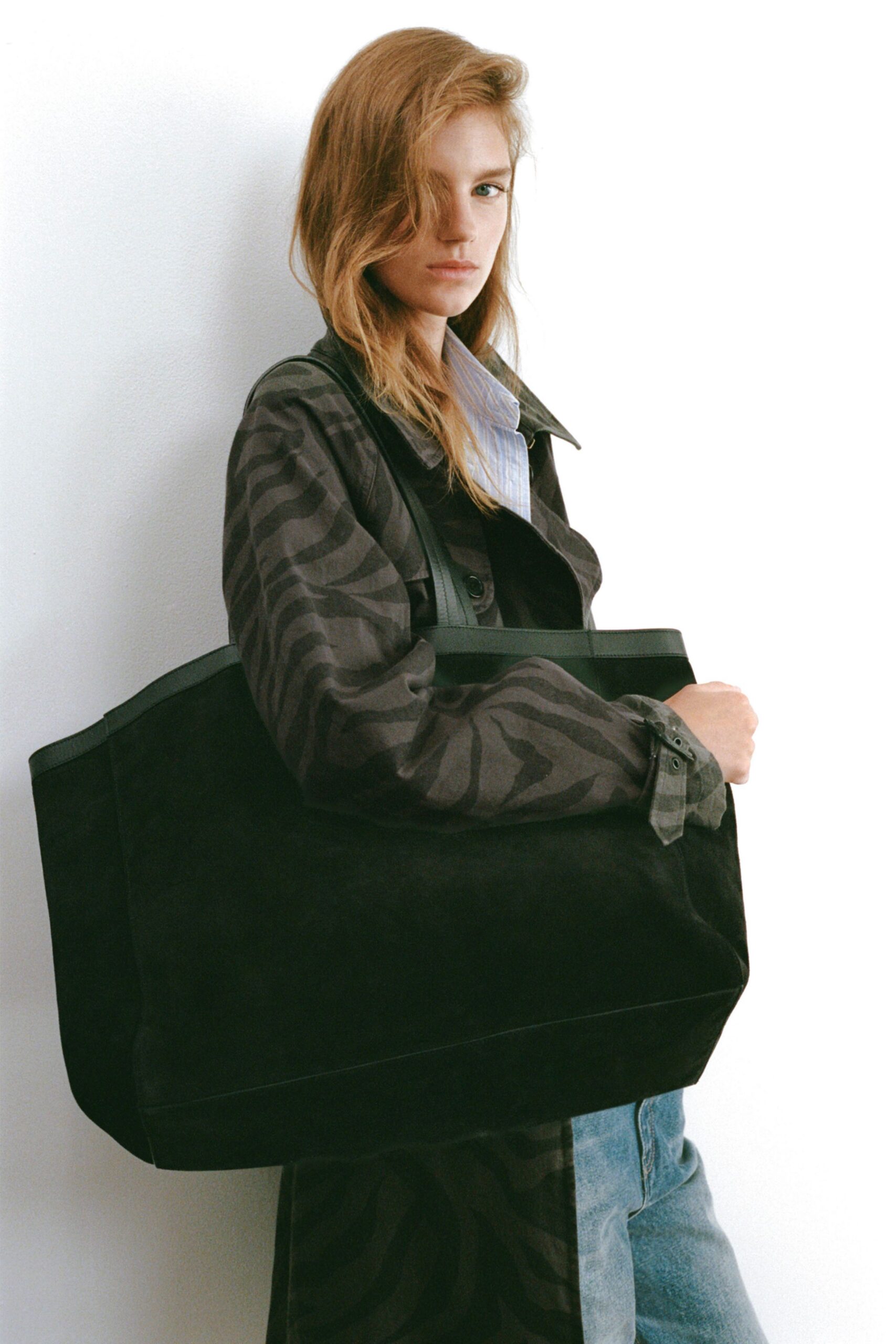 black suede long-sleeve collared relaxed layered coat