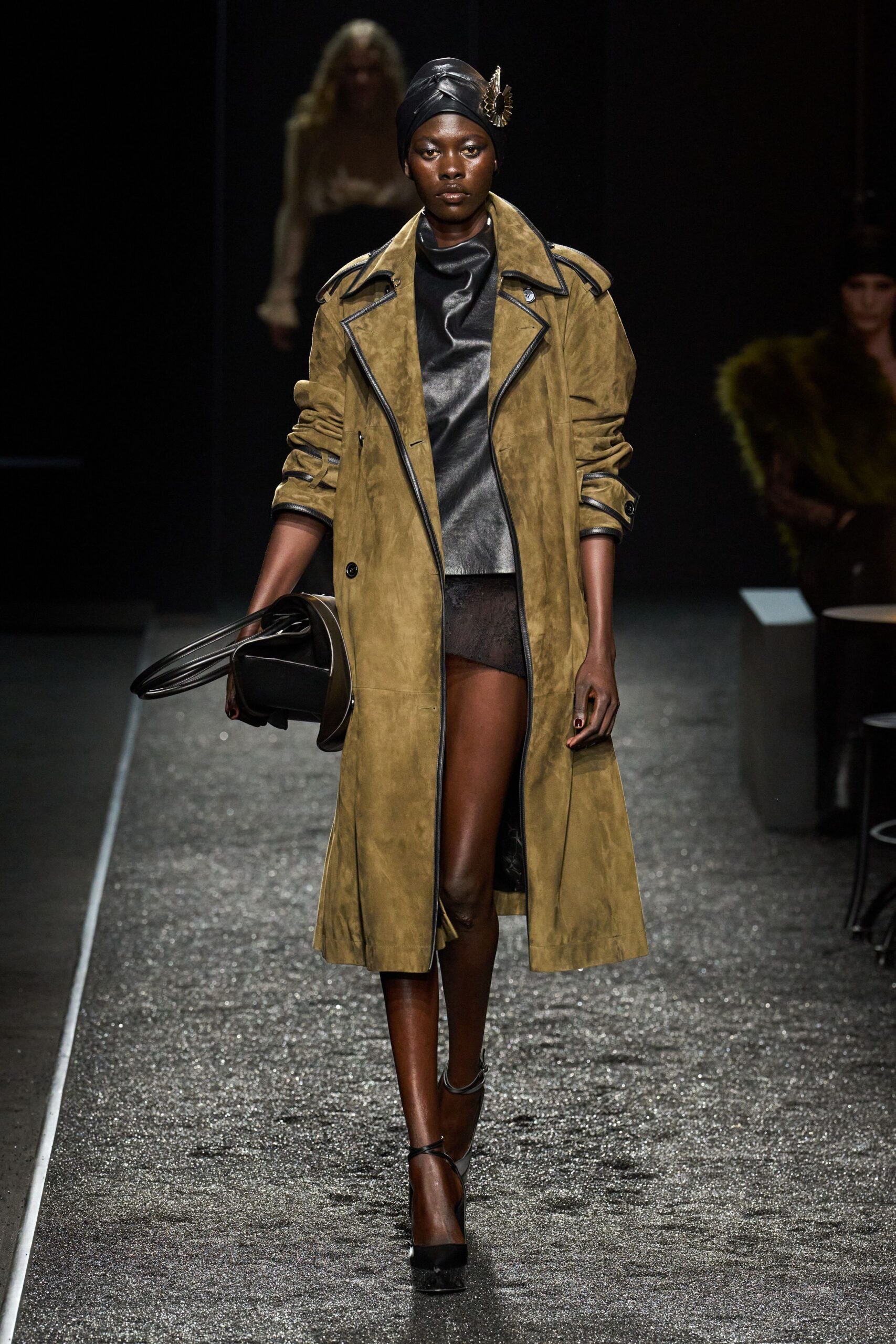 brown suede long-sleeve collared fitted belted midi coat