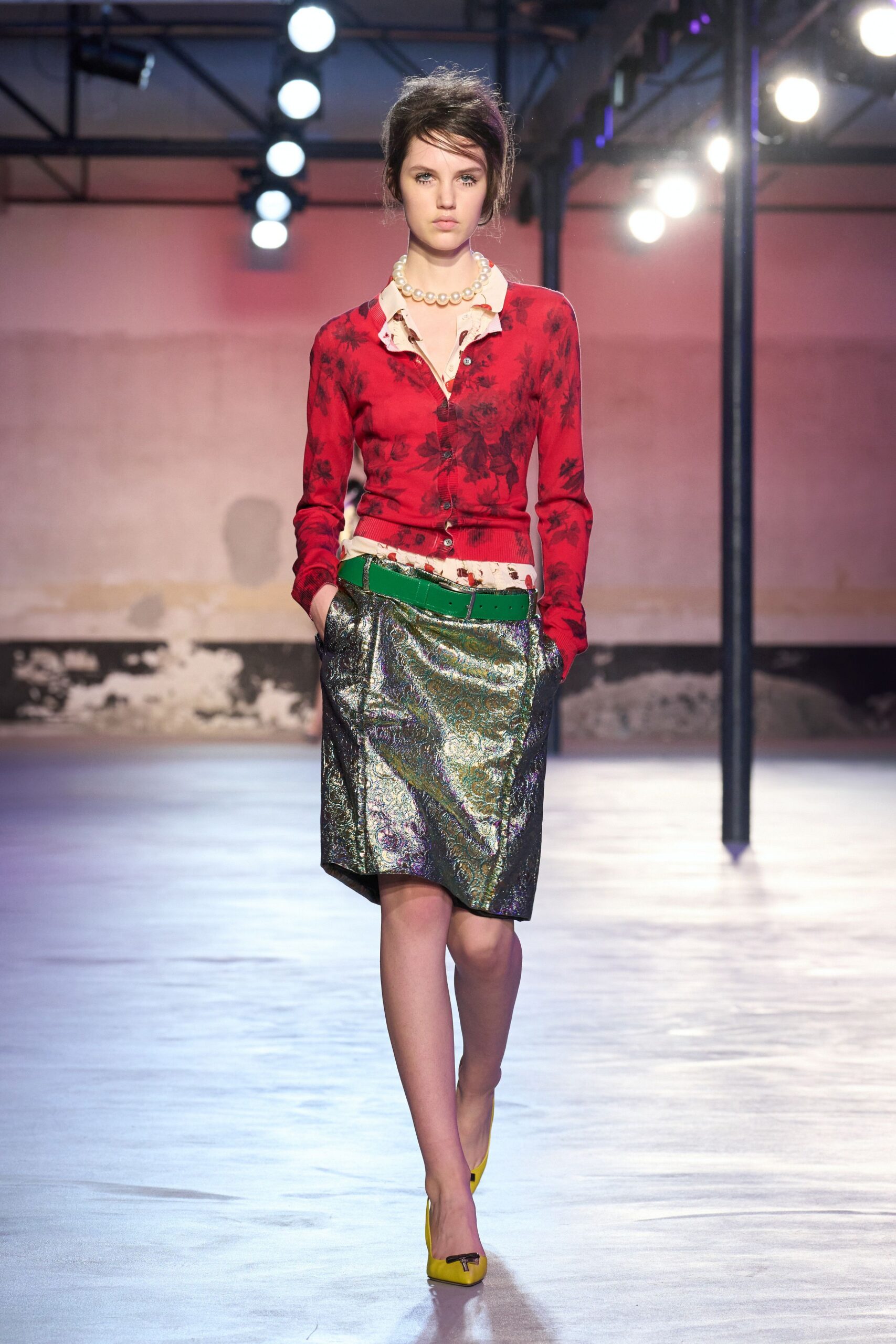 red floral shirt with metallic skirt