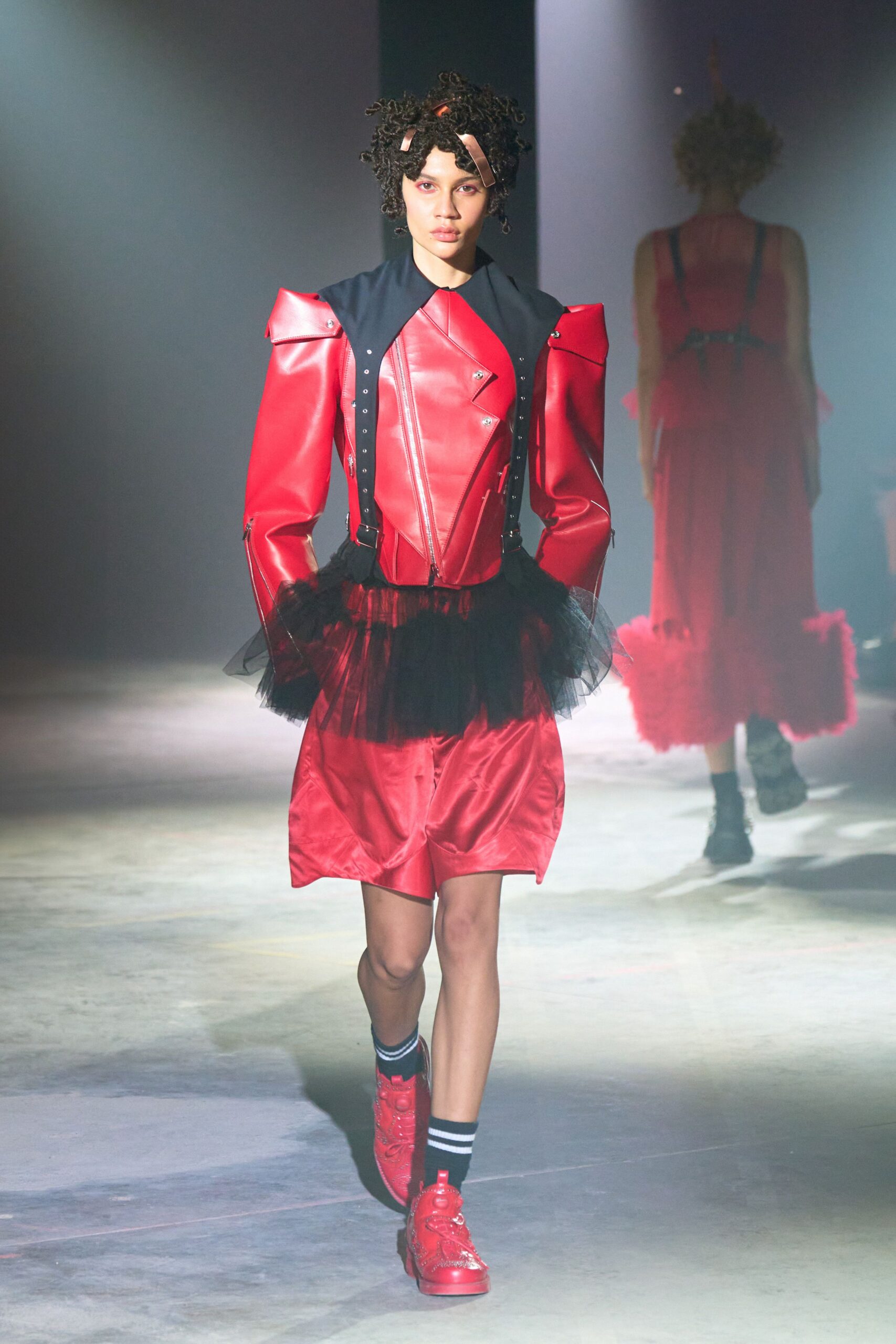 red silk short-sleeve collared fitted pleated layered dress