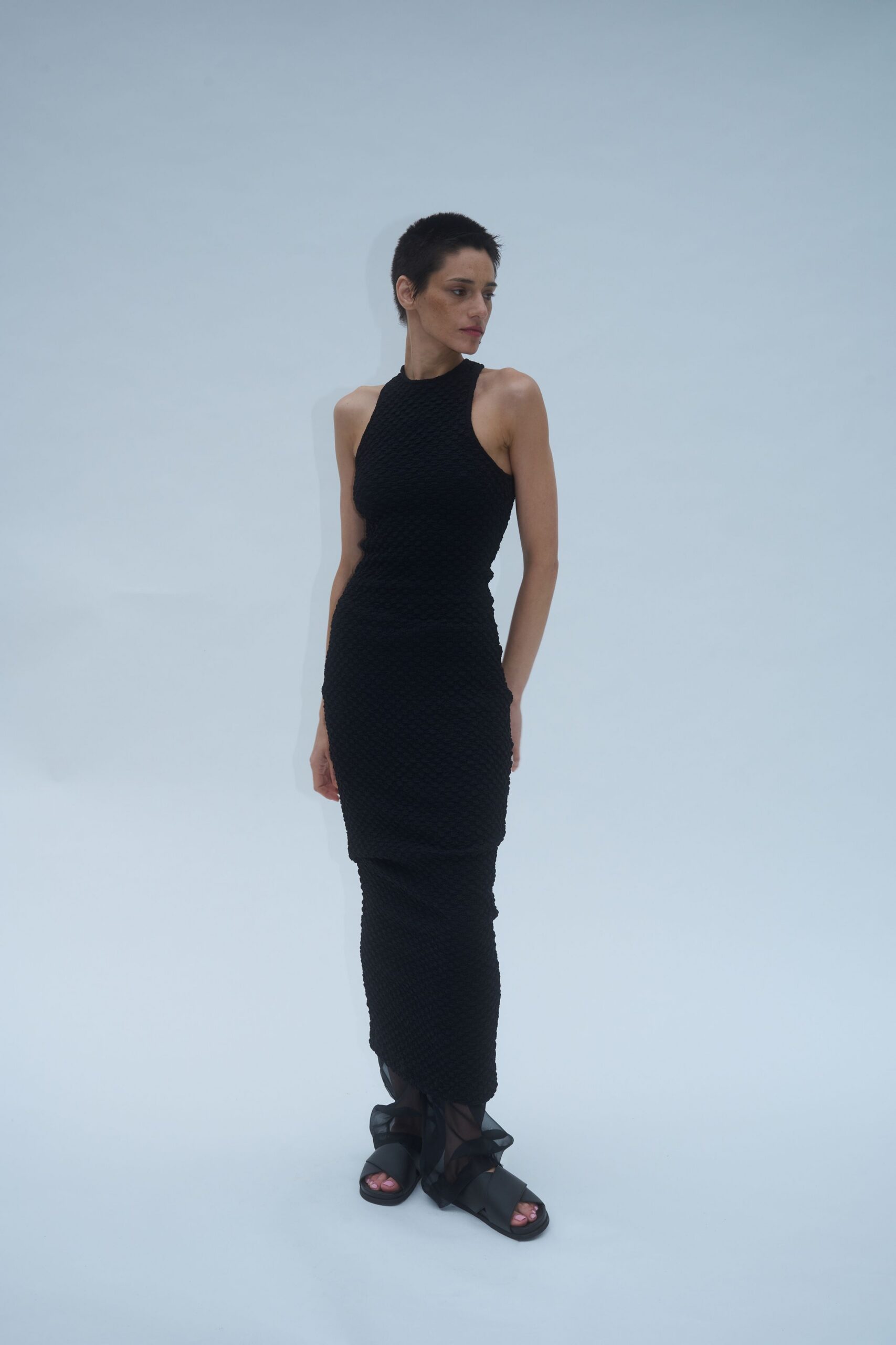 black fitted midi dress with shoes