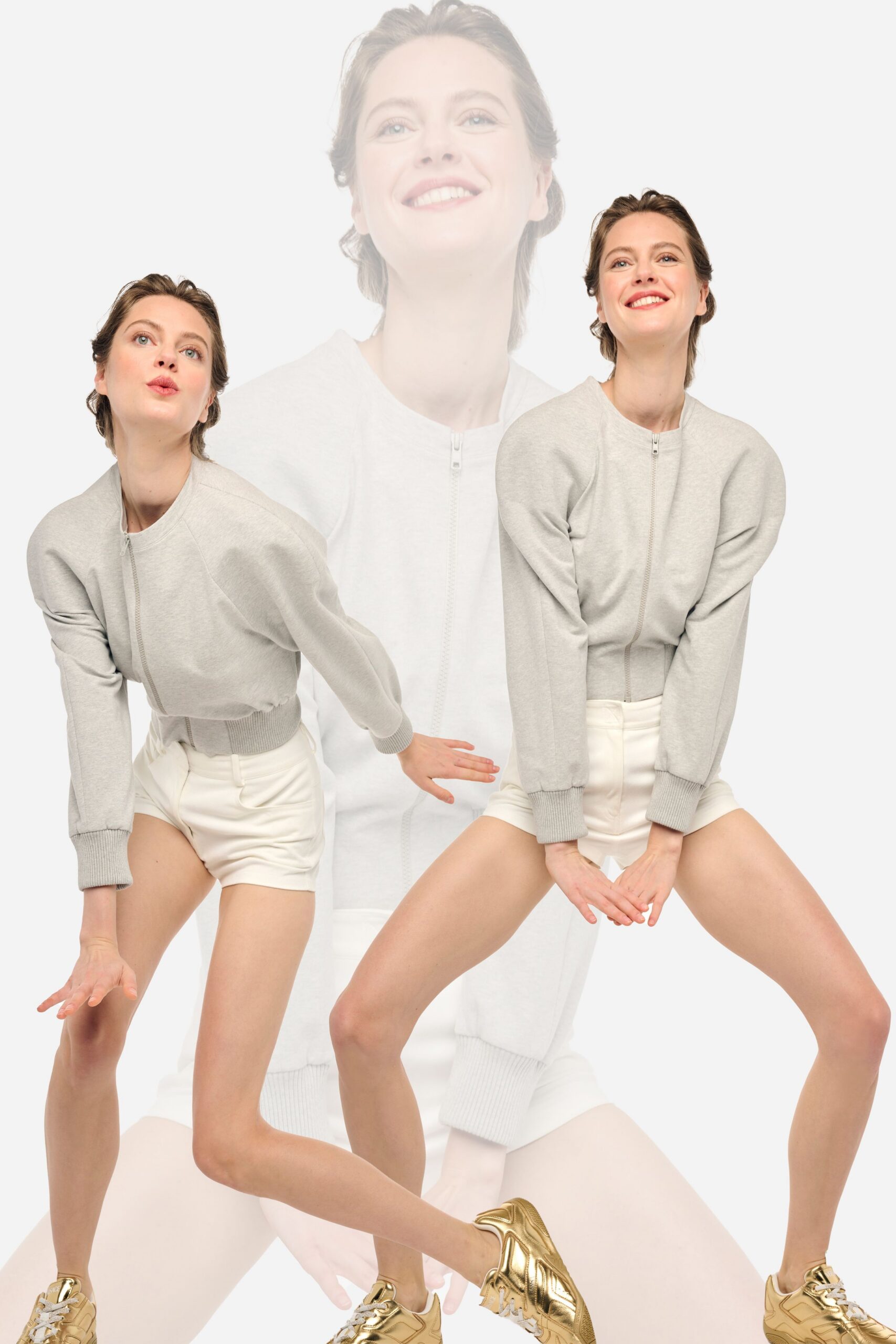 gray relaxed jacket with white shorts