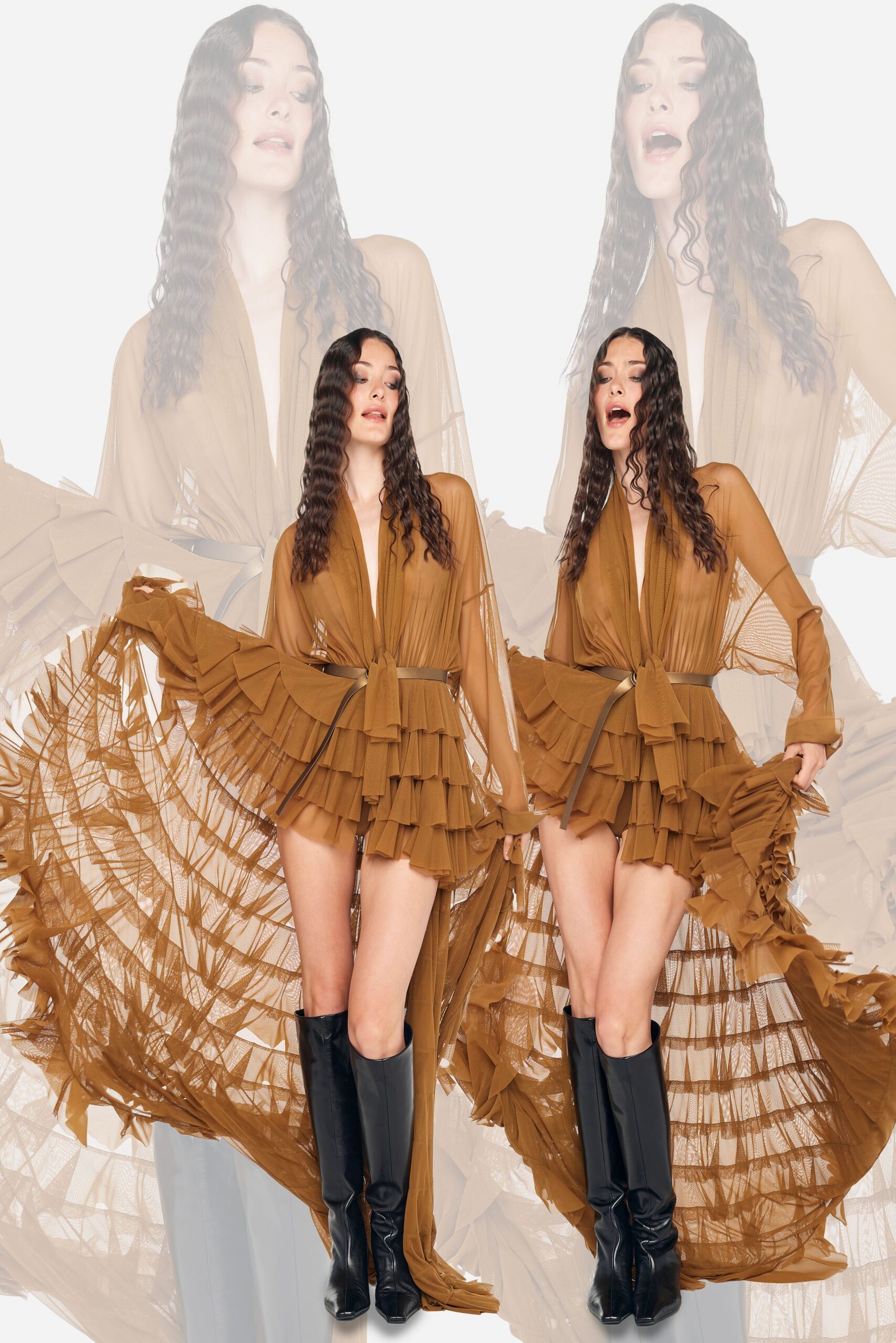 brown silk long-sleeve v-neck fitted ruffled layered dress