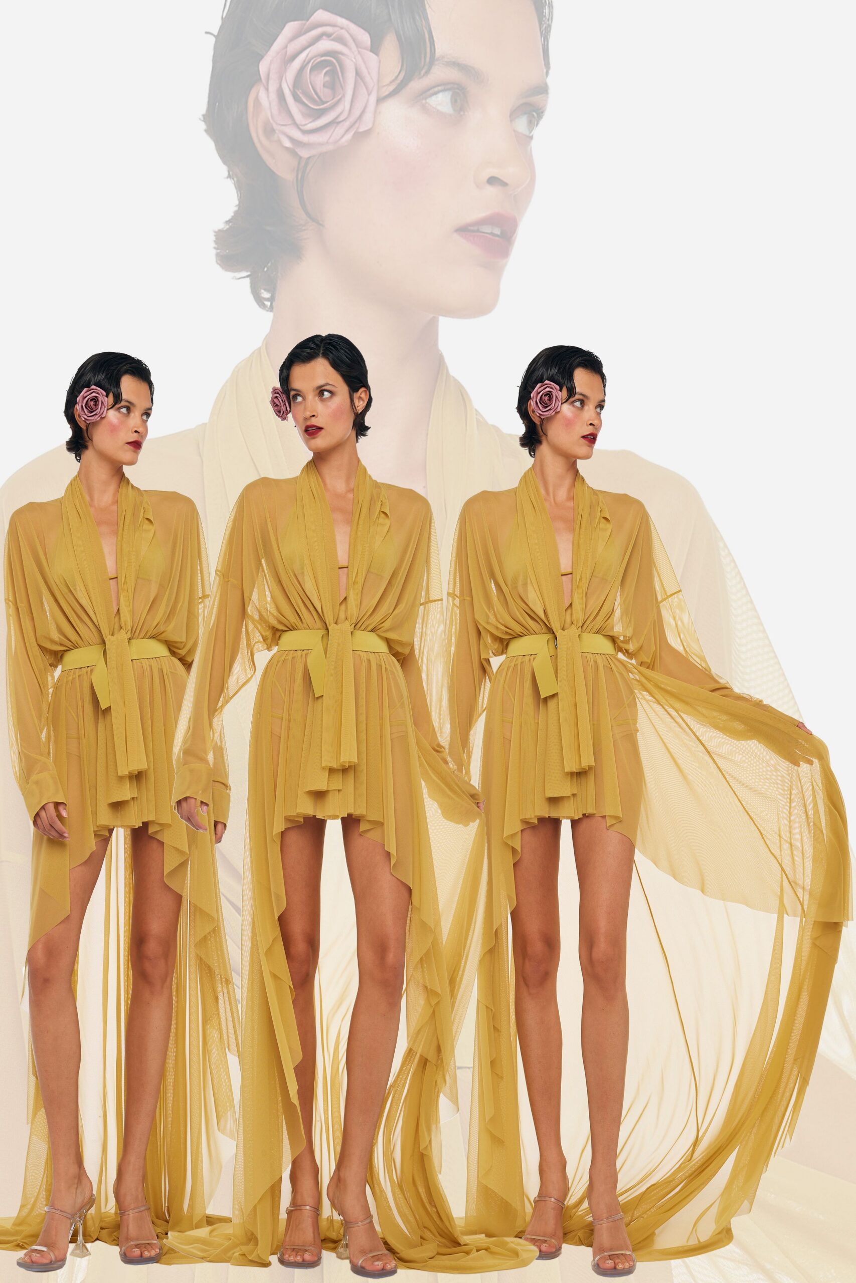 yellow chiffon long-sleeve v-neck fitted draped tiered dress