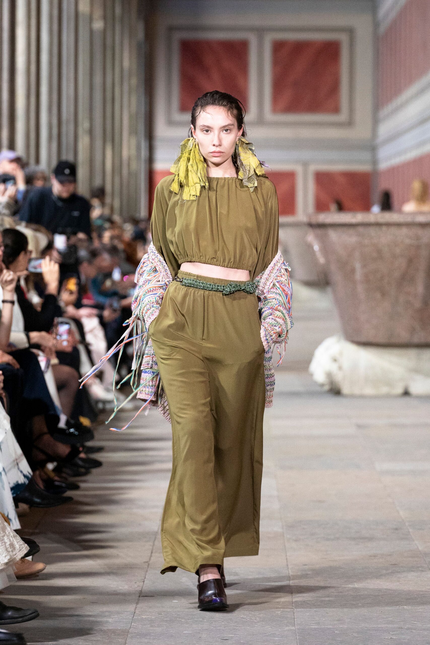 green silk long-sleeve collared relaxed ruffled top