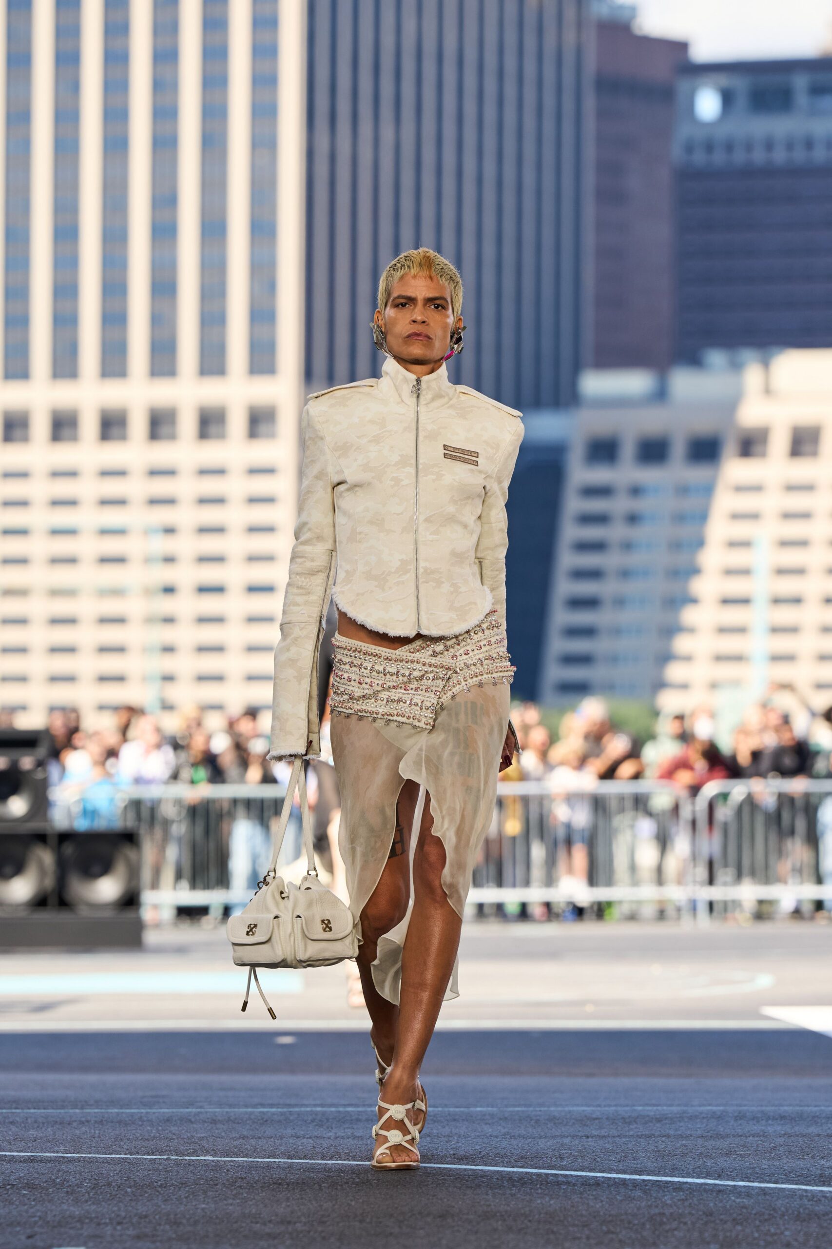 white slit fitted layered sheer flowing skirt