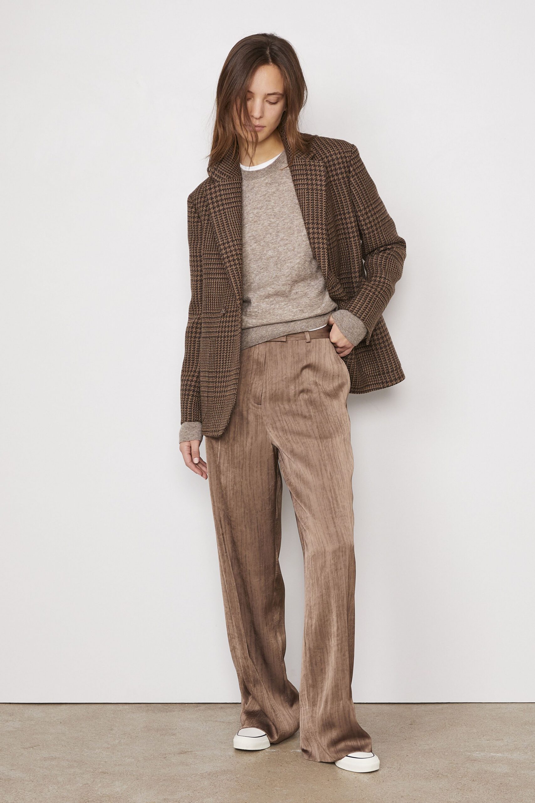brown checked blazer with gray sweater