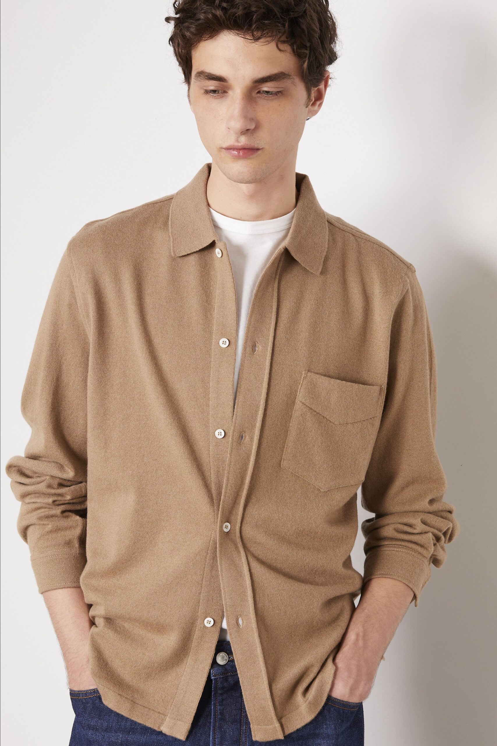 beige wool long-sleeve collared relaxed buttoned pockets shirt