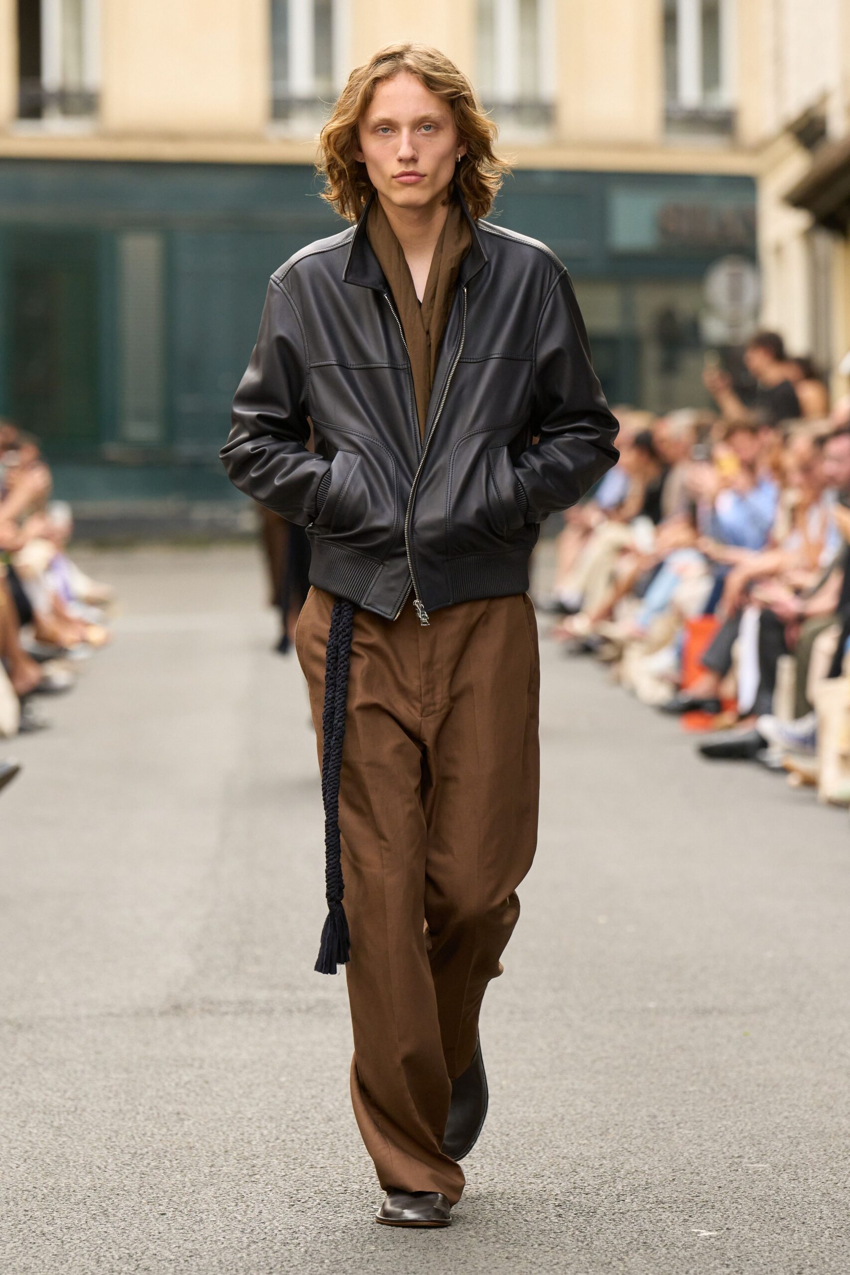 black leather jacket brown shirt pants