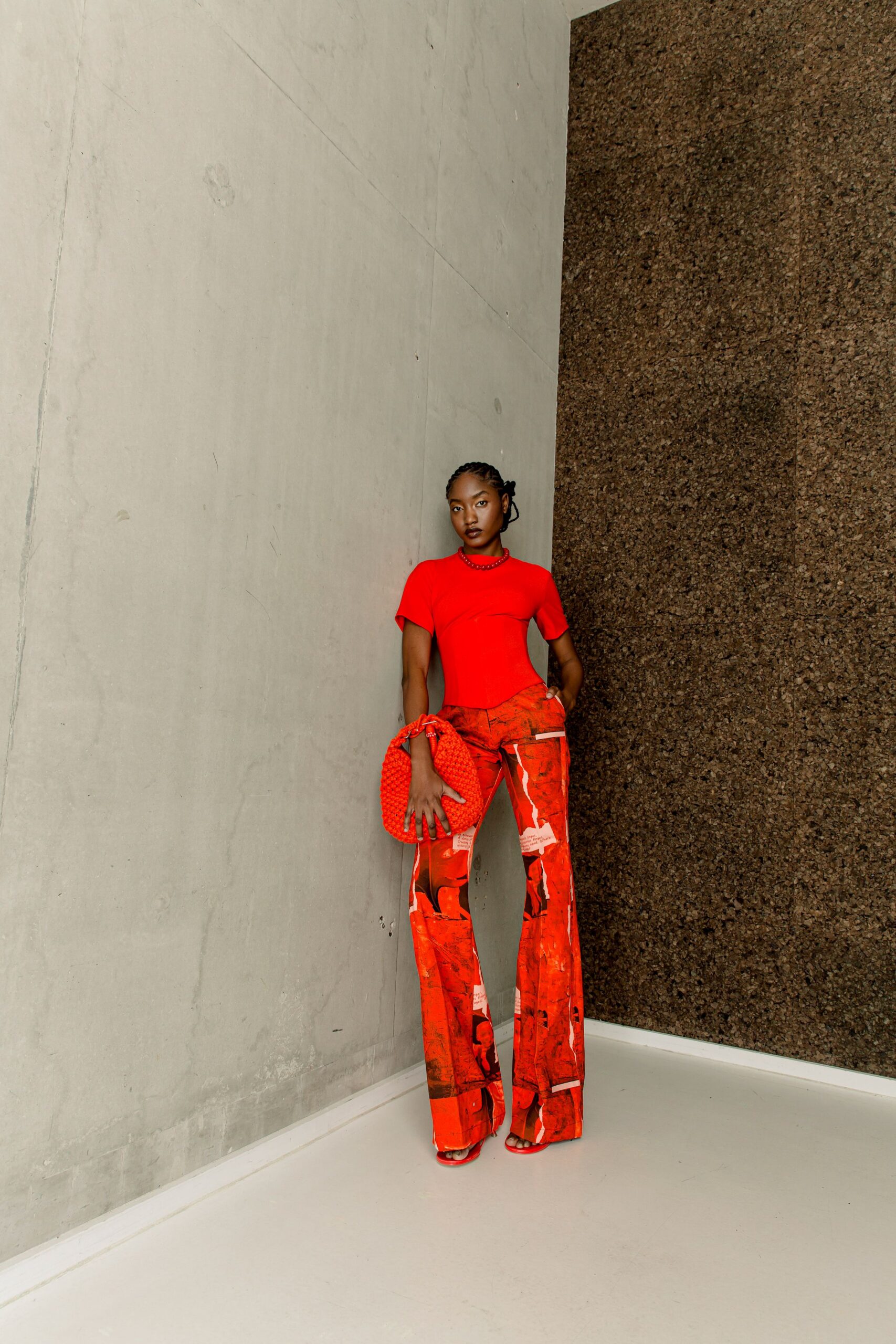 red fitted flared pants