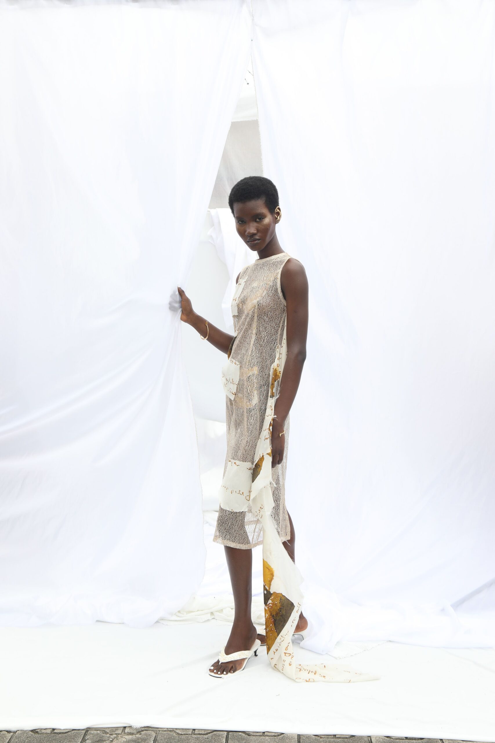 beige silk sleeveless v-neck fitted layered printed dress