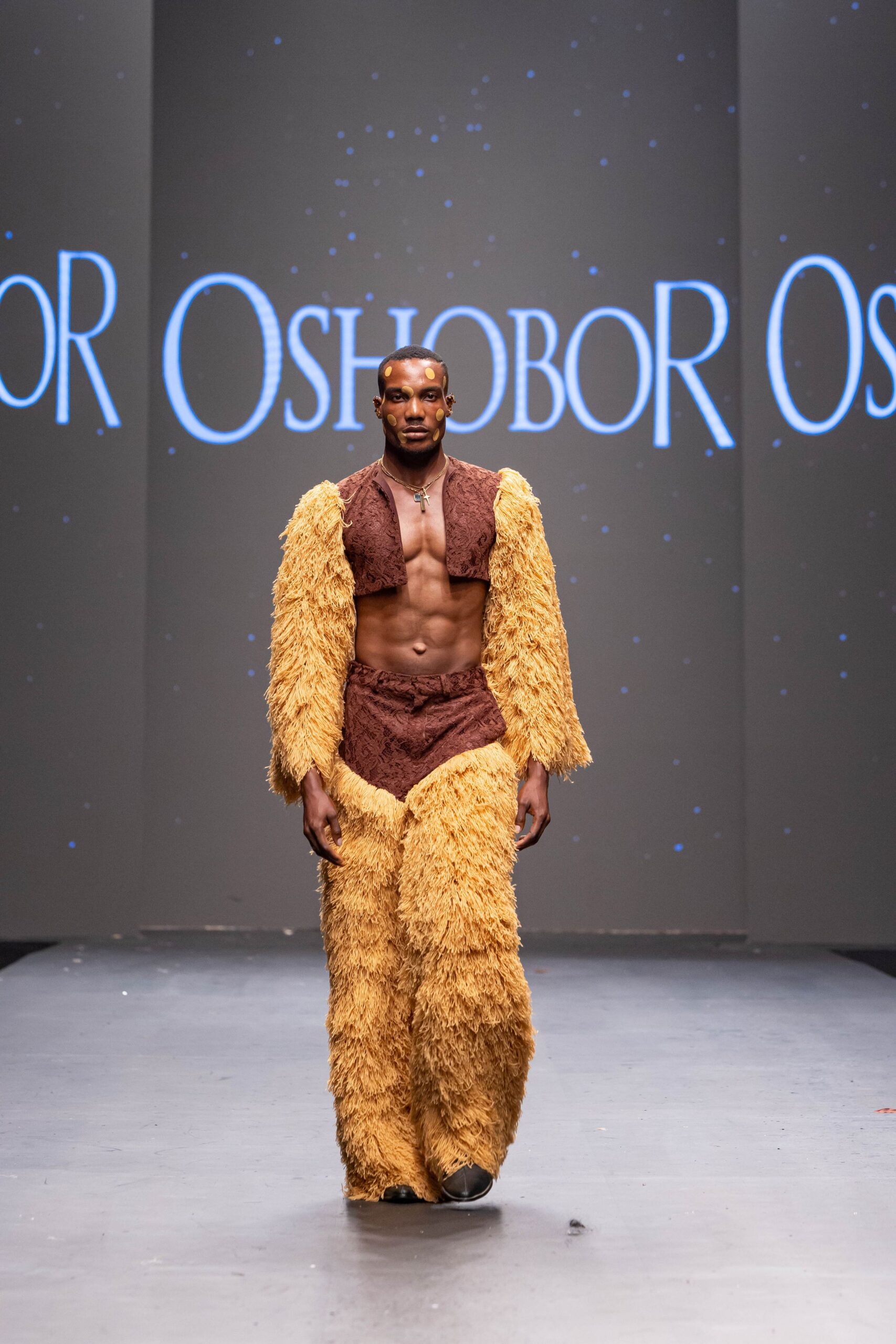 brown gold fringed jumpsuit