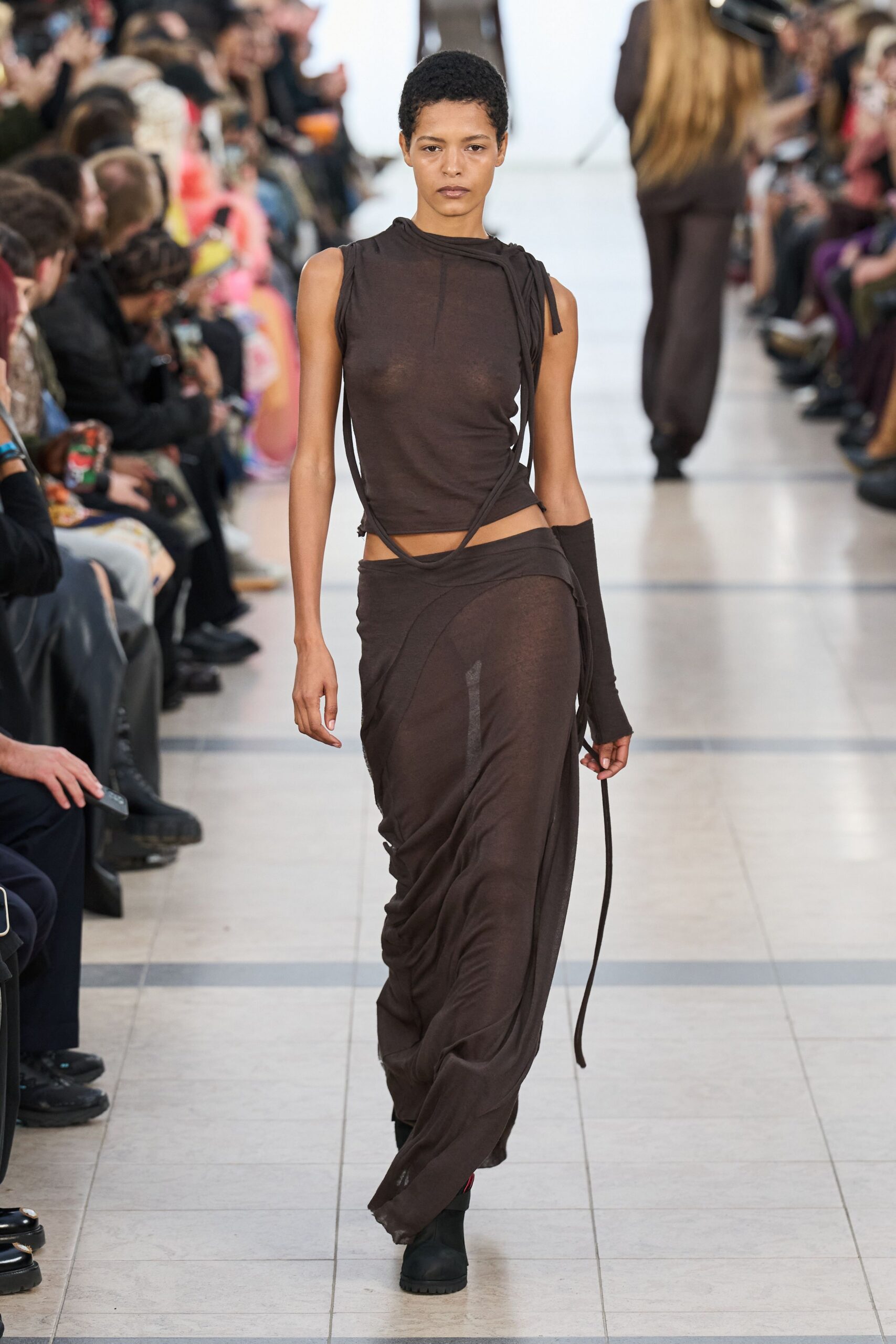 brown cotton sleeveless high-neck fitted draped sheer dress