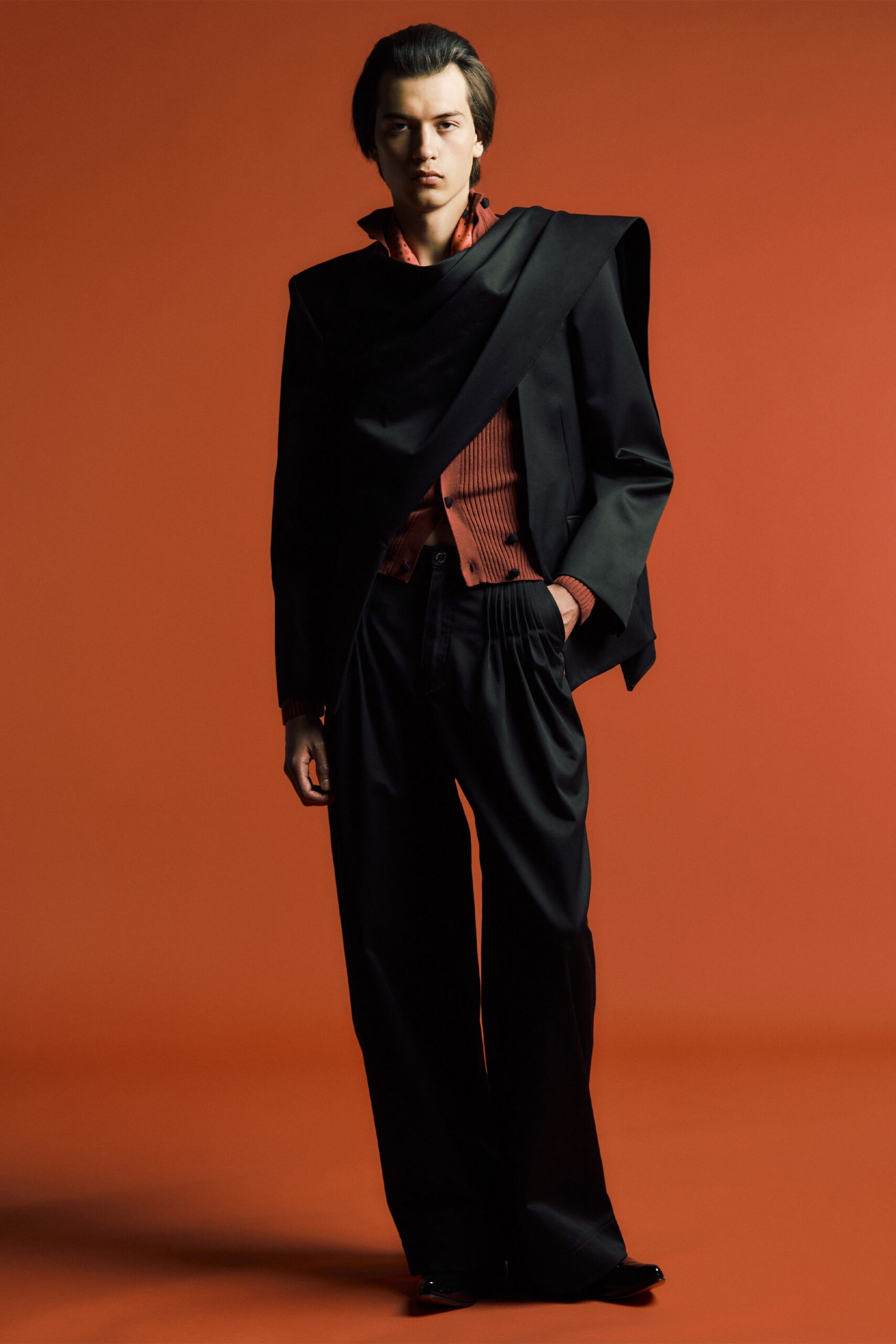 black blazer red shirt relaxed pants