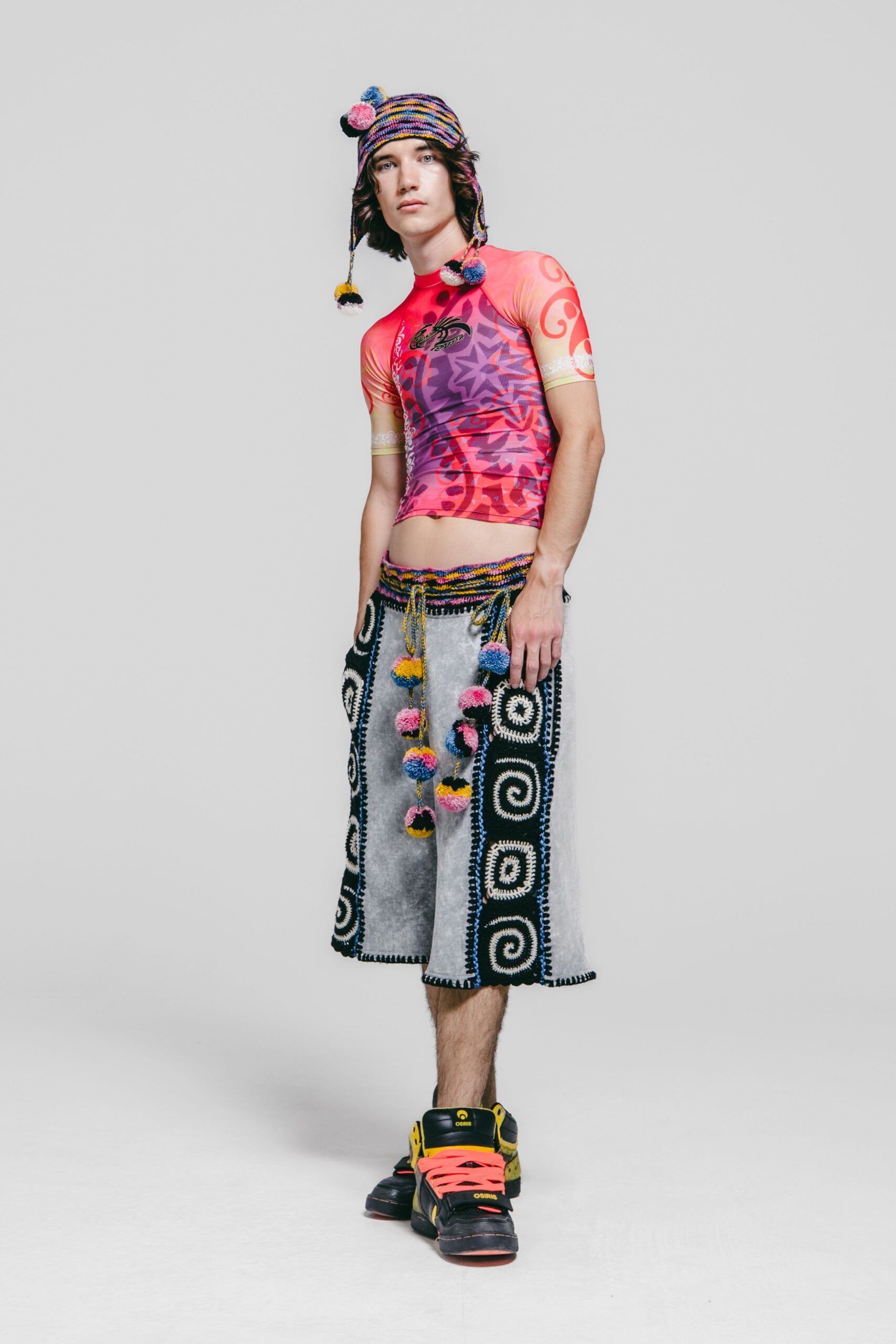 pink cotton short-sleeve high-neck fitted printed top