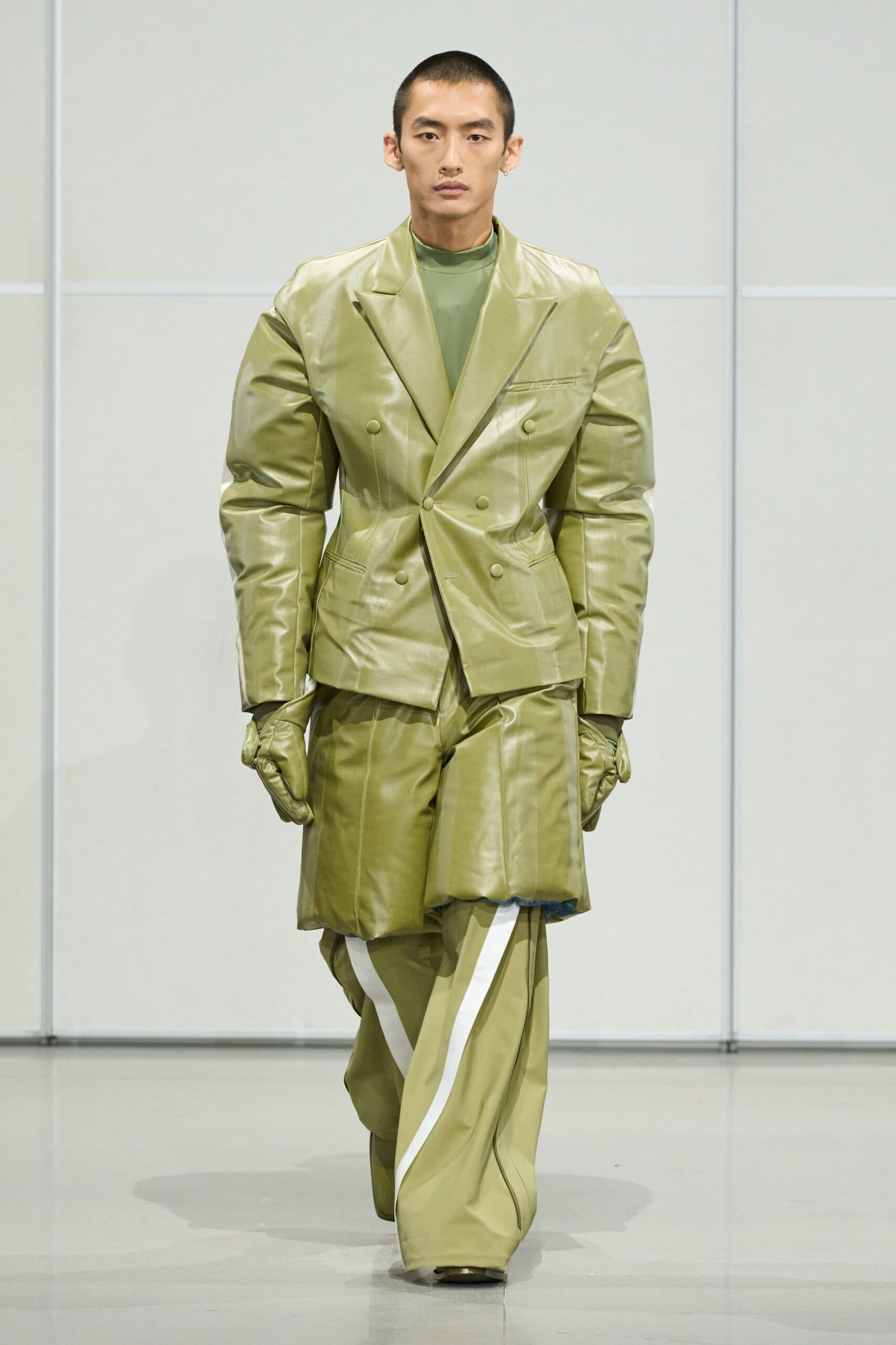 green leather long-sleeve collared structured zippered suit