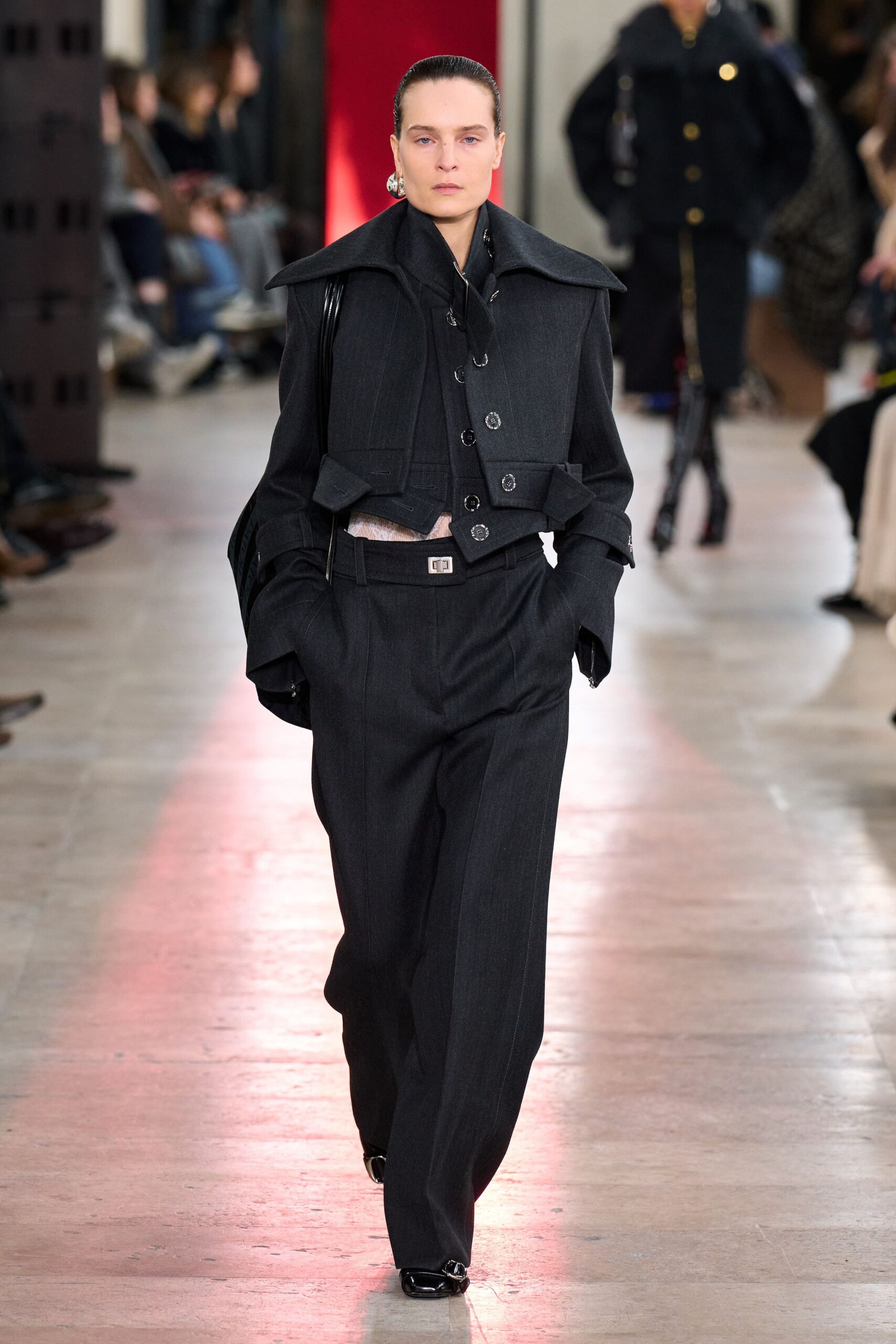 black wool long-sleeve collared structured buttoned jacket