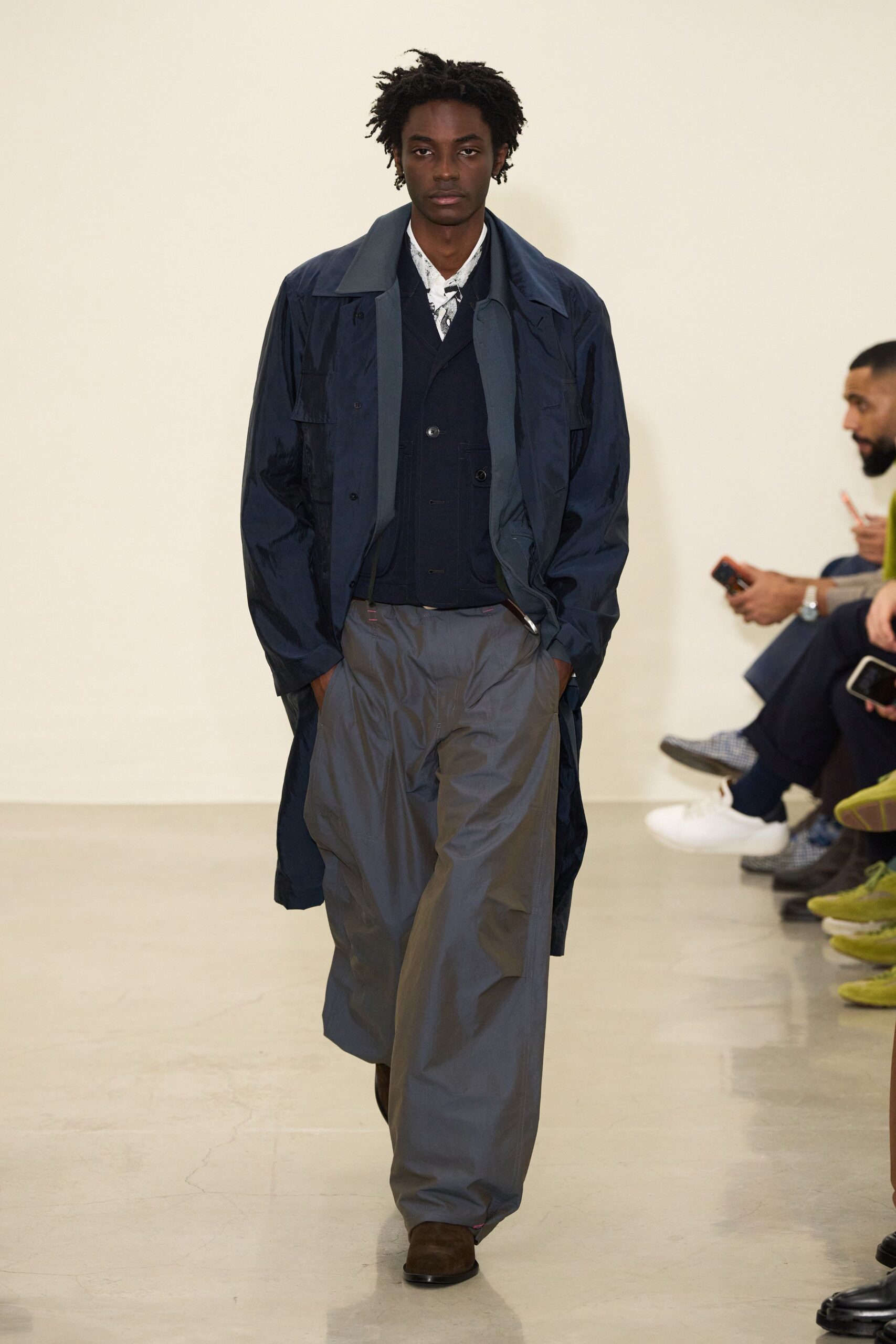 navy coat black blazer gray pants