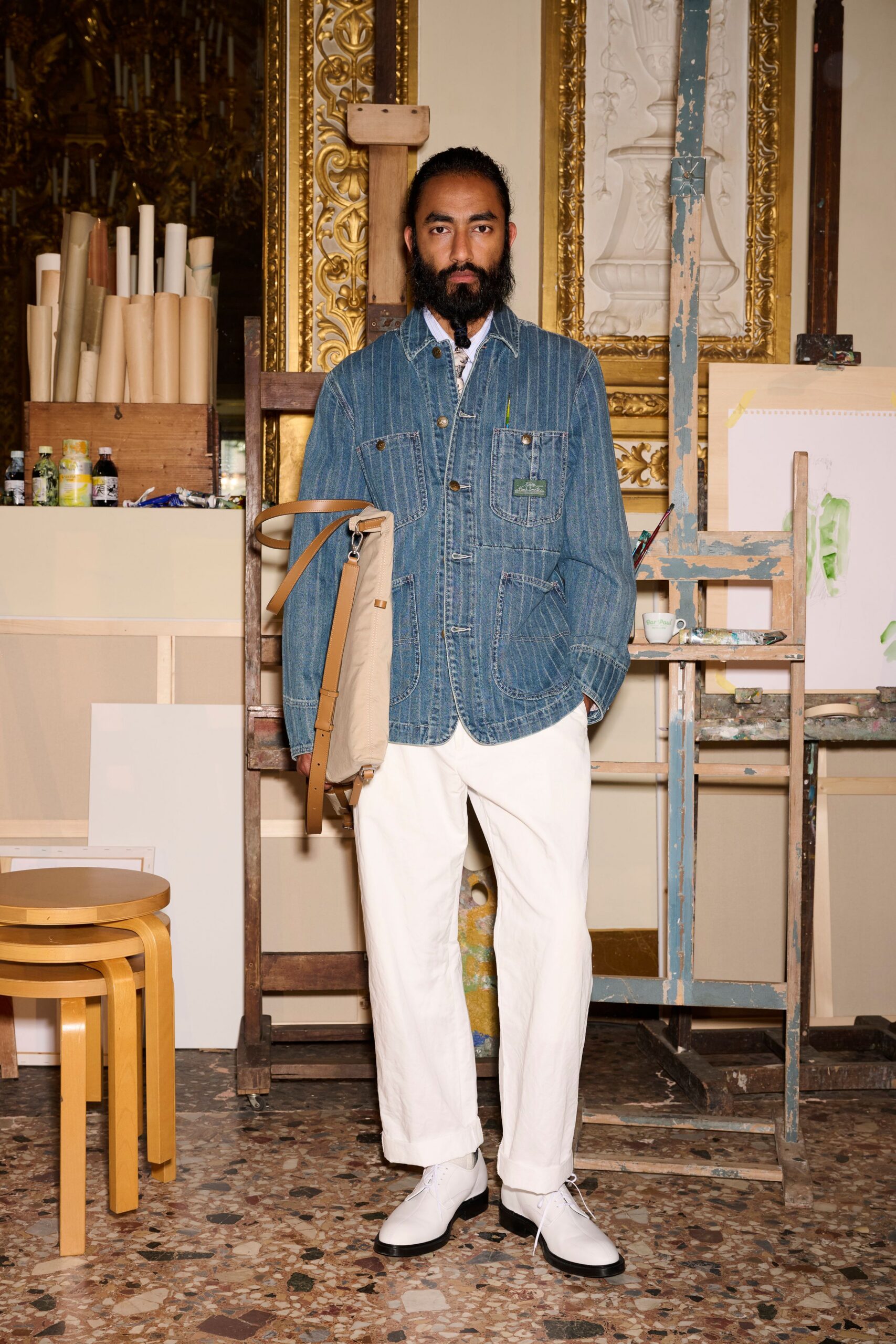 blue denim jacket with white pants