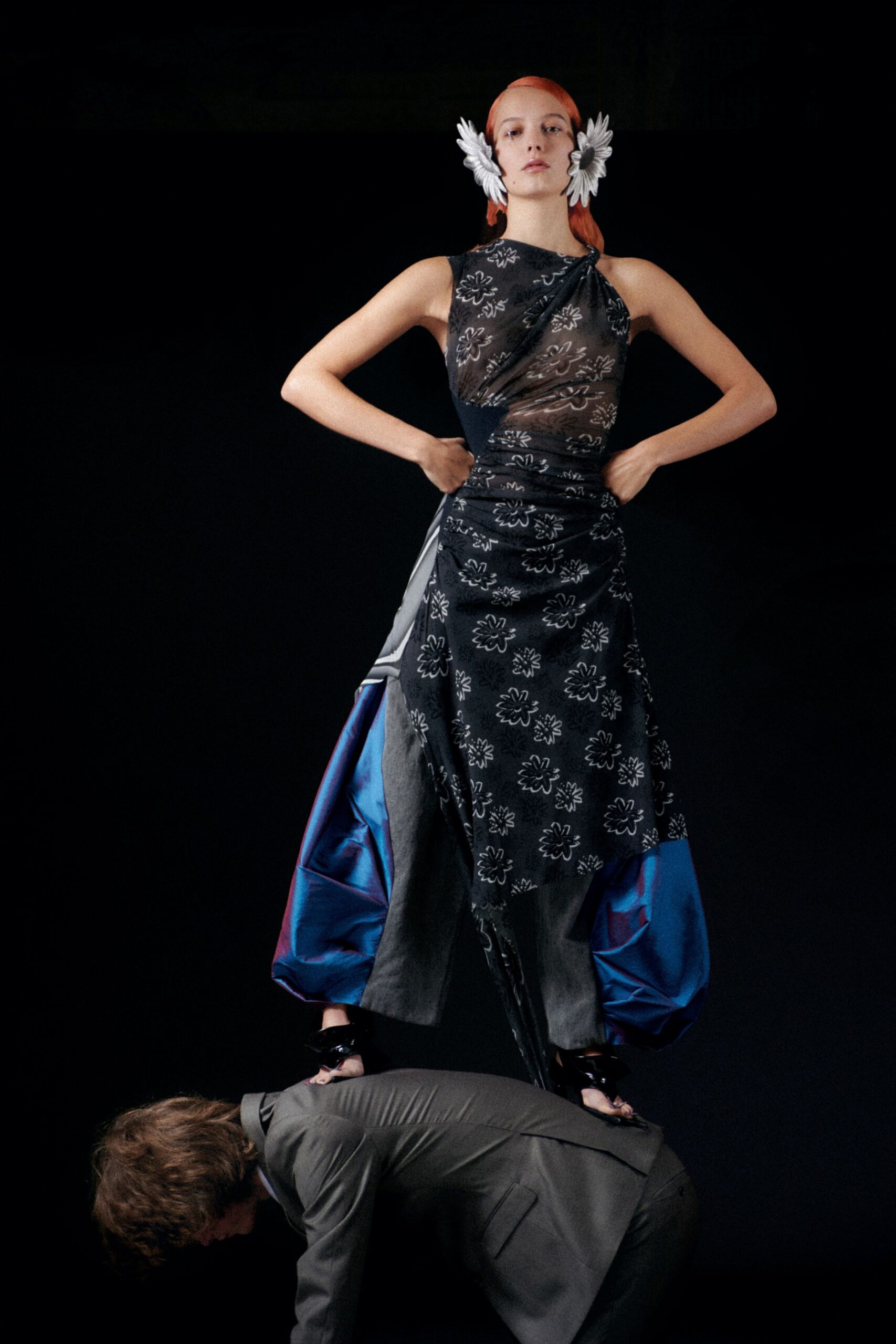 black silk sleeveless asymmetric fitted floral layered dress