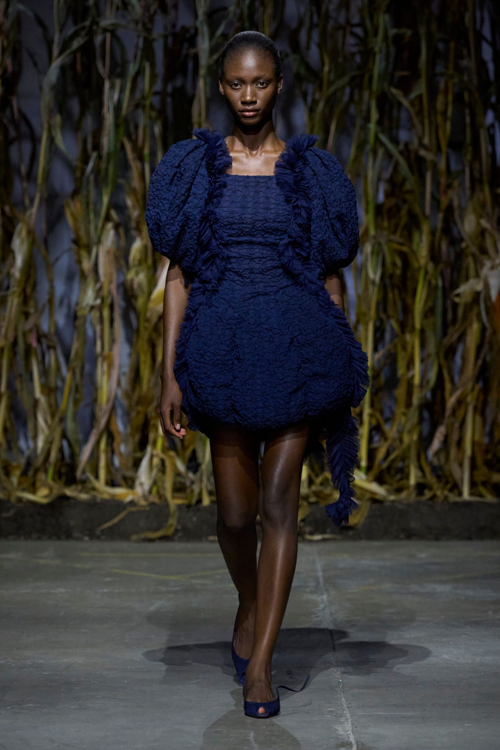 blue cotton sleeveless square-neck fitted ruffled layered dress
