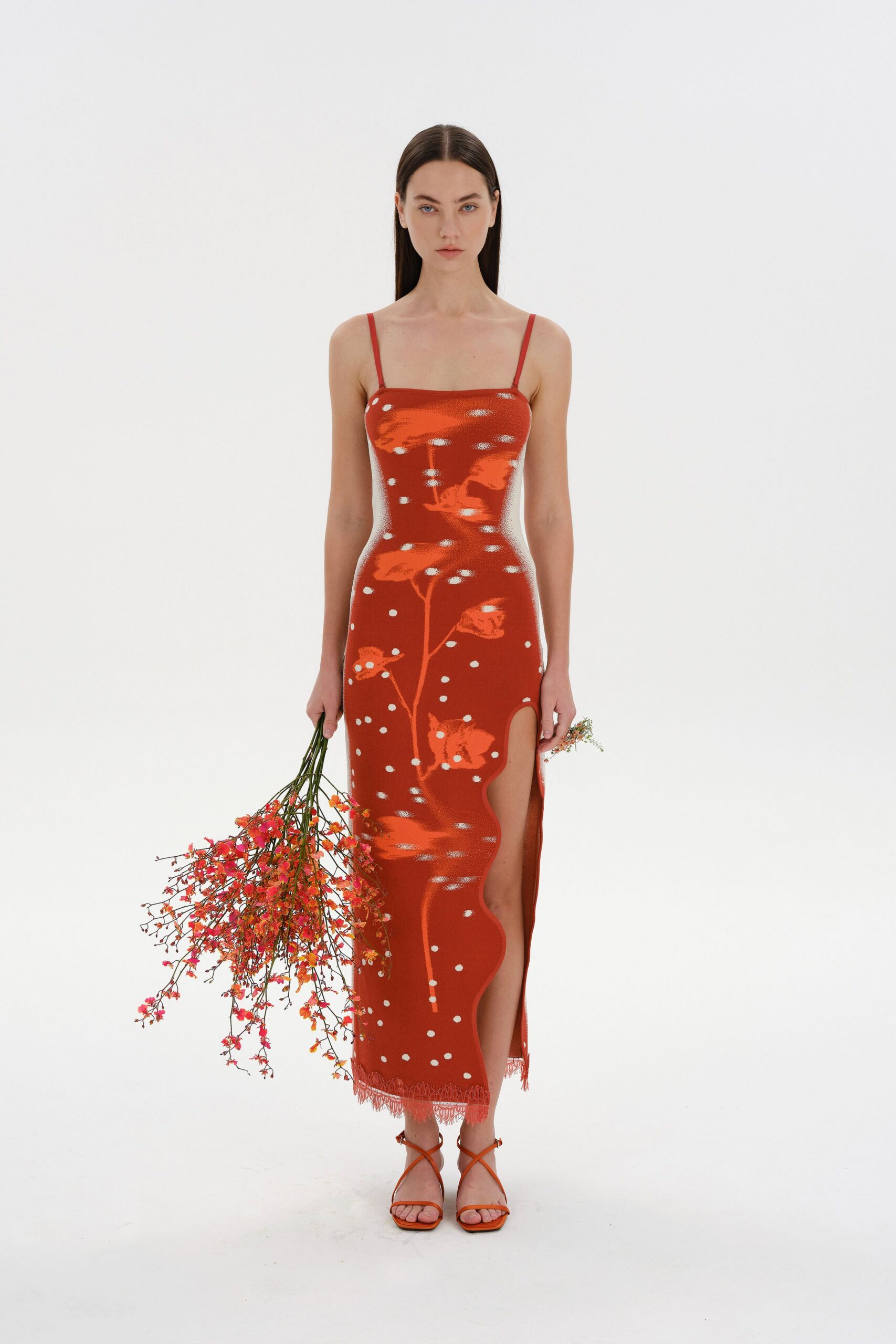 red silk sleeveless v-neck fitted floral printed dress