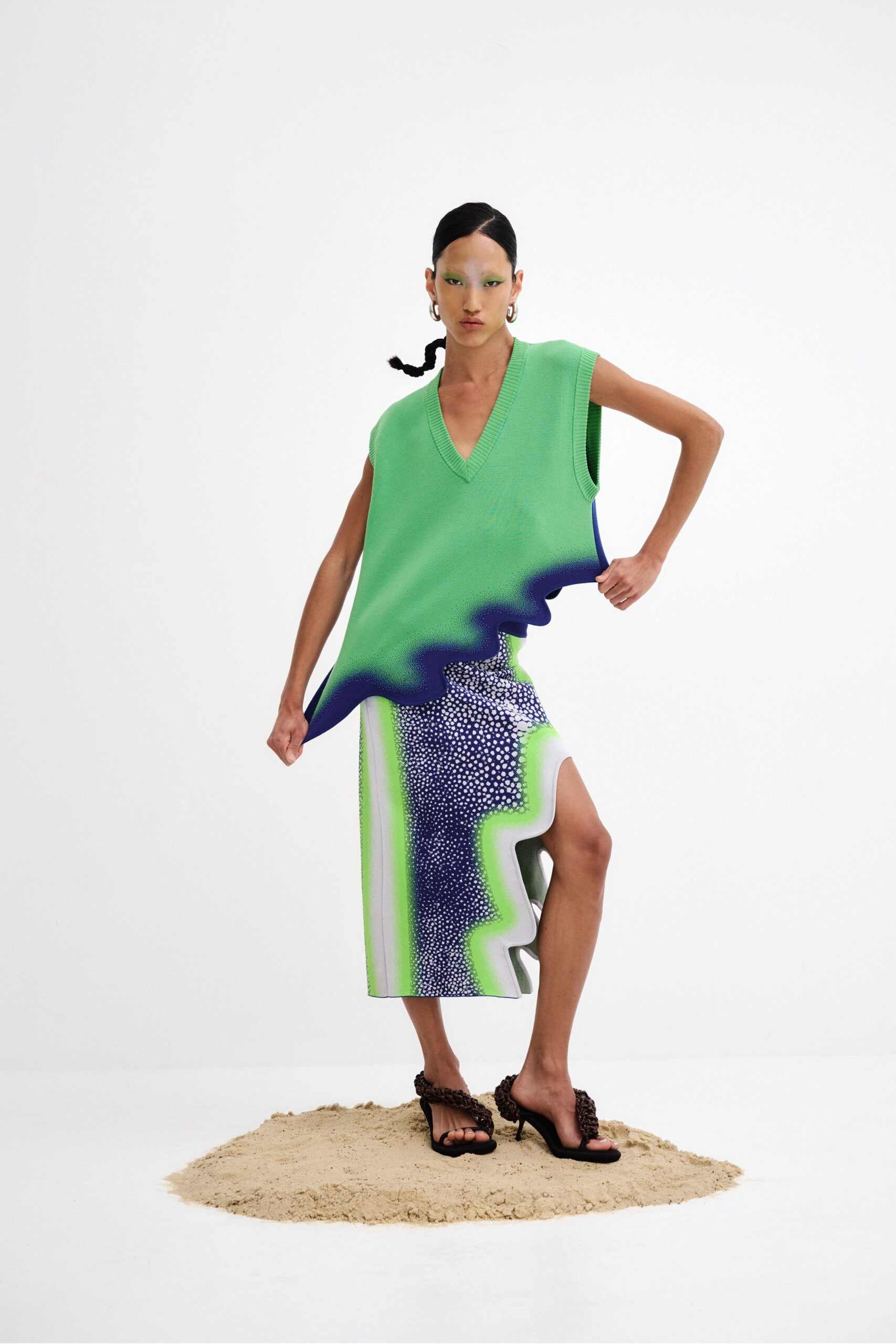 green knit sleeveless v-neck fitted draped midi dress
