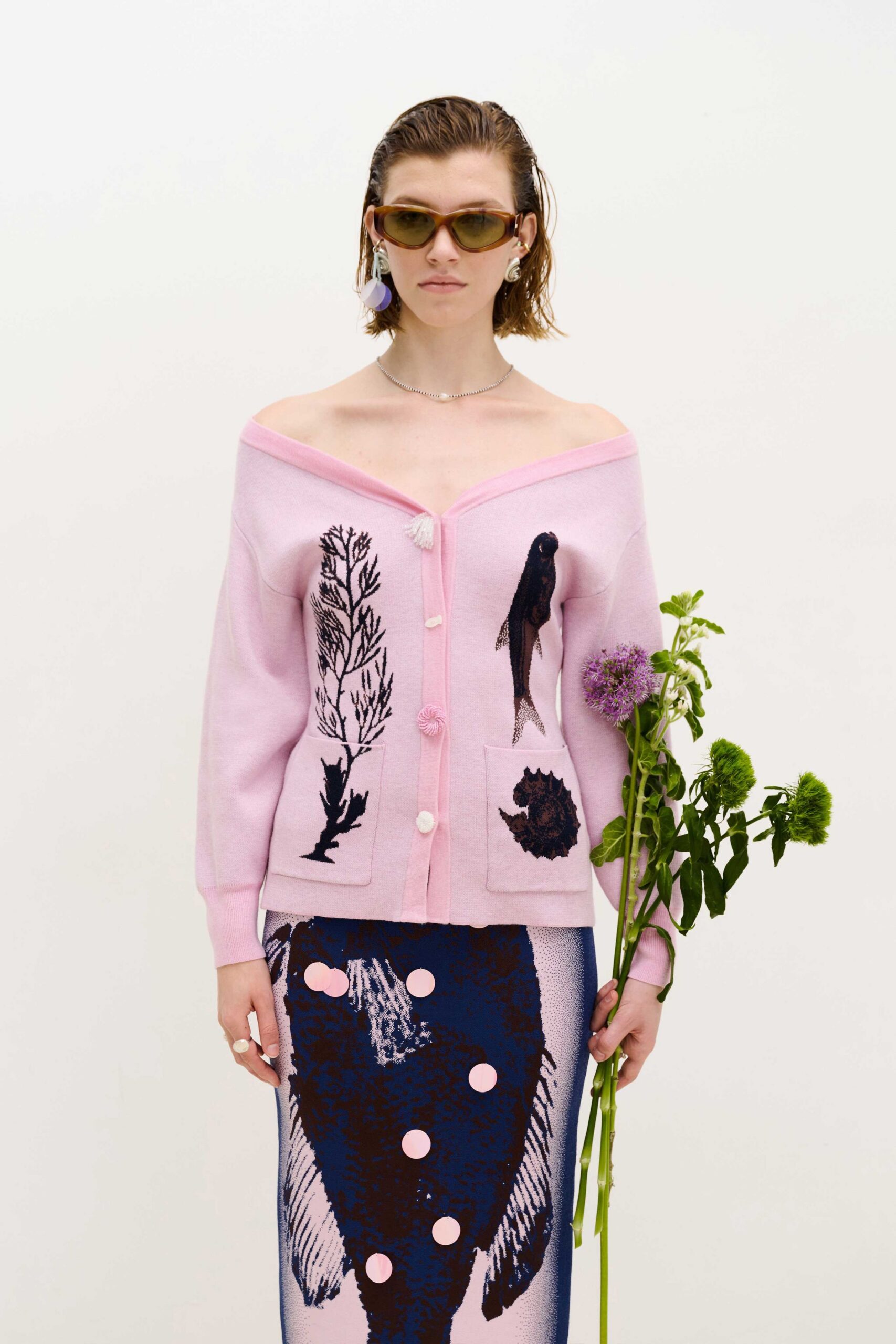 pink cotton long-sleeve off-shoulder fitted buttoned embroidered cardigan