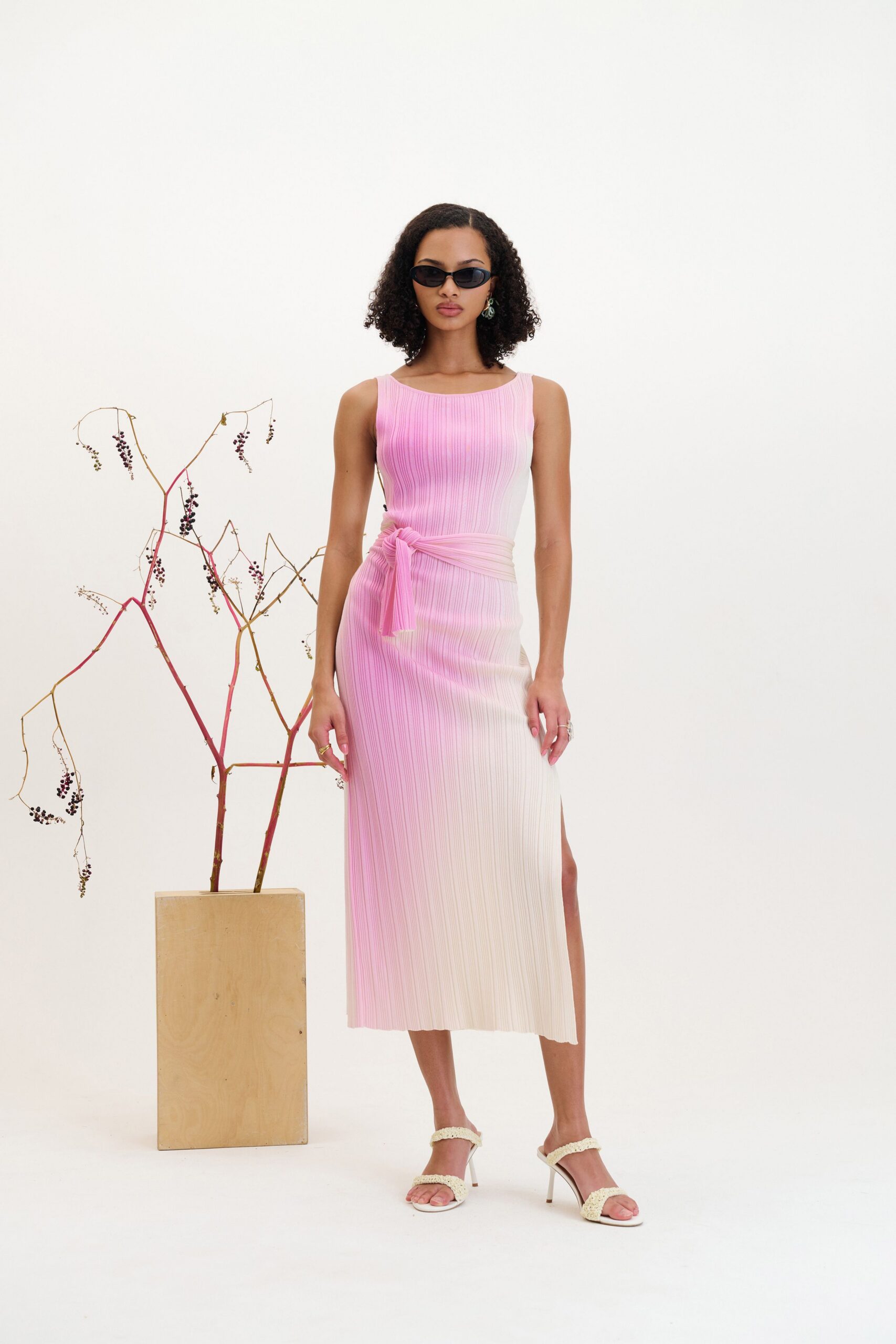 pink and white fitted midi dress
