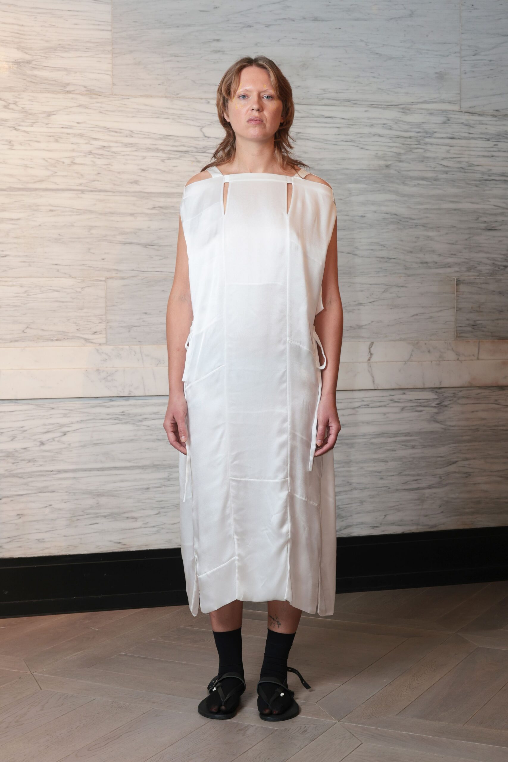 white silk sleeveless dress