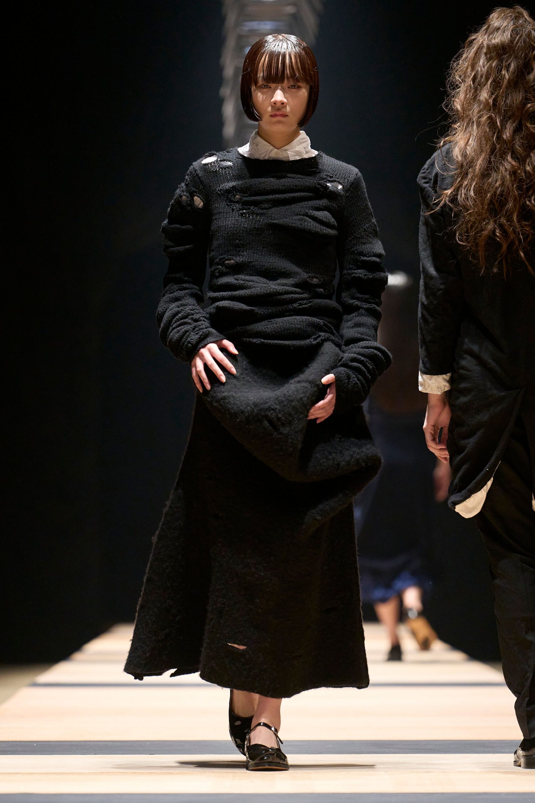 black wool long-sleeve v-neck fitted layered midi dress