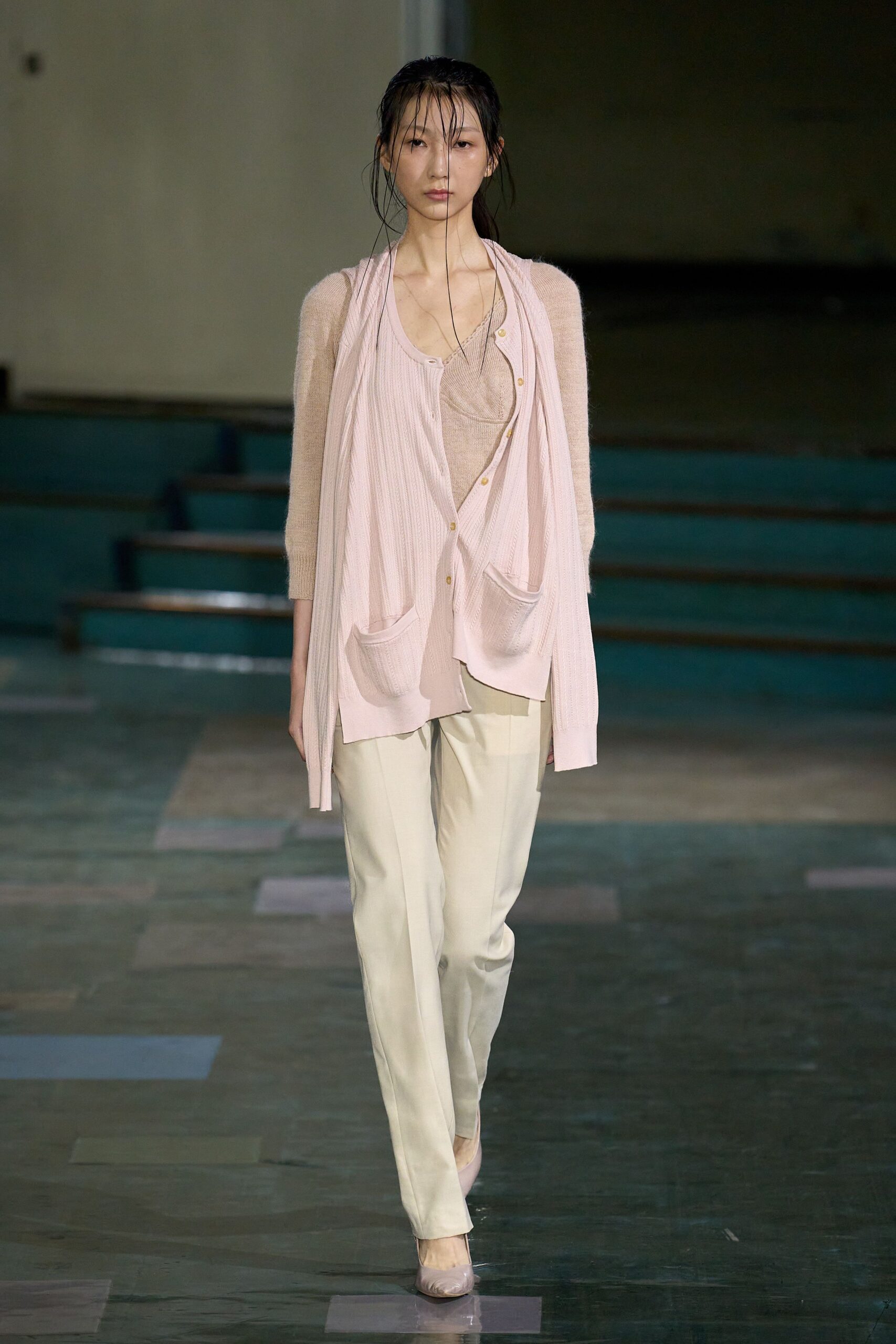 beige cotton slim straight-leg pants
