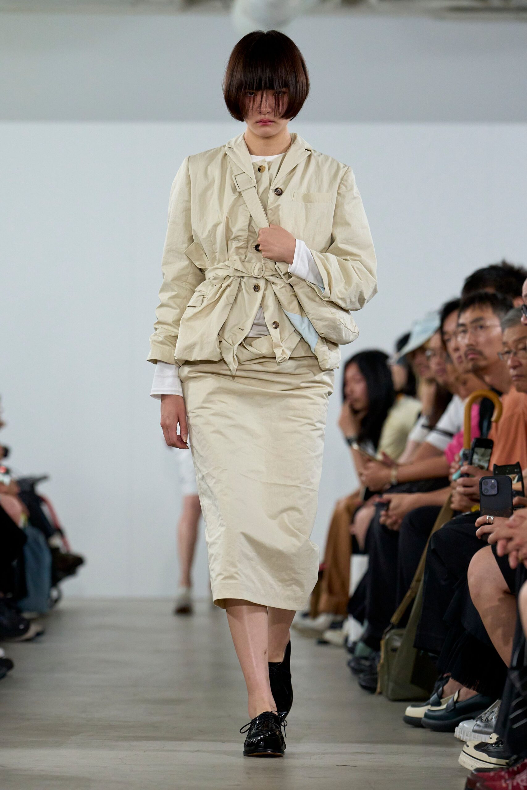 beige silk fitted straight-leg midi skirt