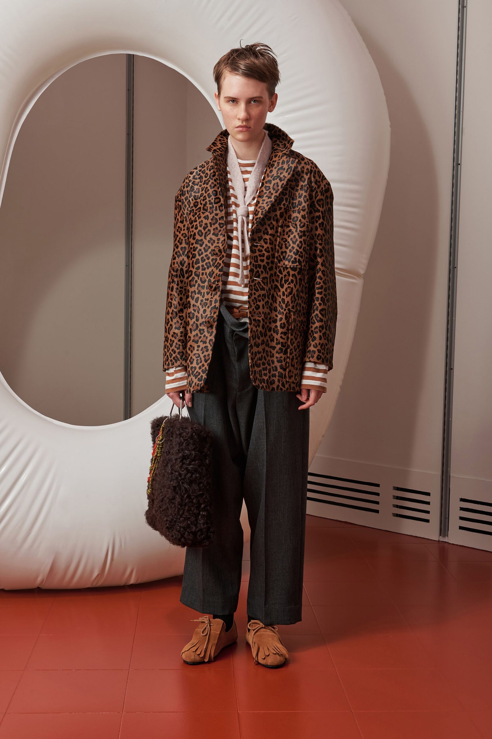 brown fur long-sleeve collared relaxed animal-print jacket