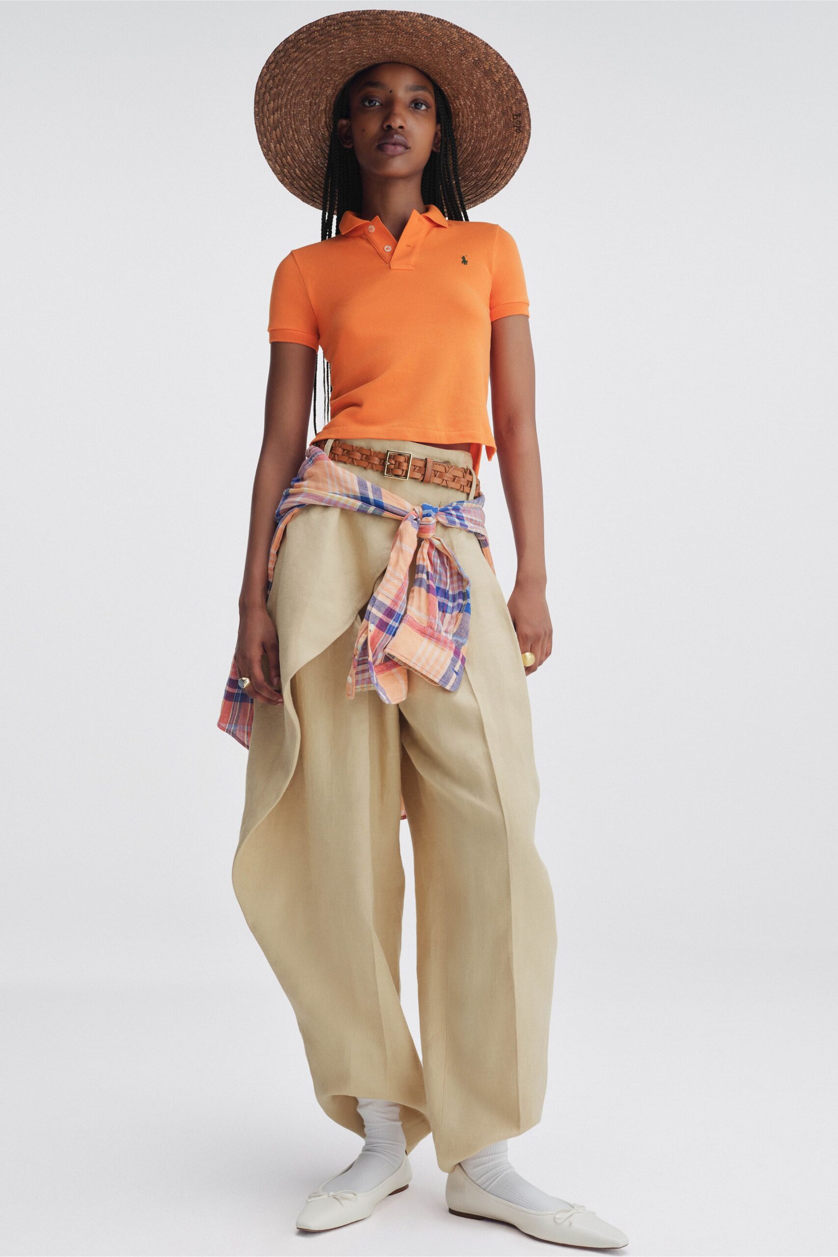 orange cotton short-sleeve collared fitted shirt